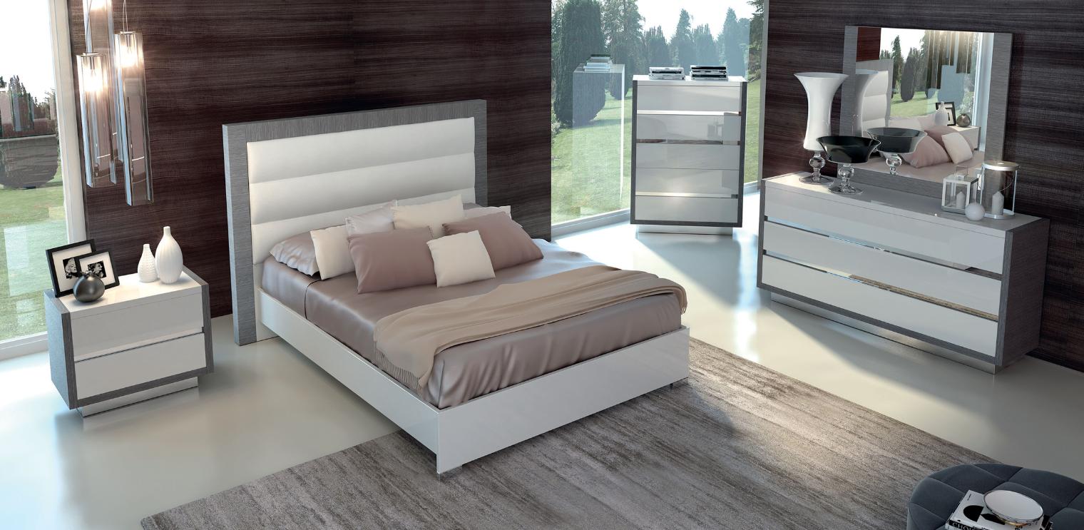 Contemporary Platform Bedroom Set Mangano ESF-Mangano-EK-2NDM-5PC in White, Silver Eco Leather
