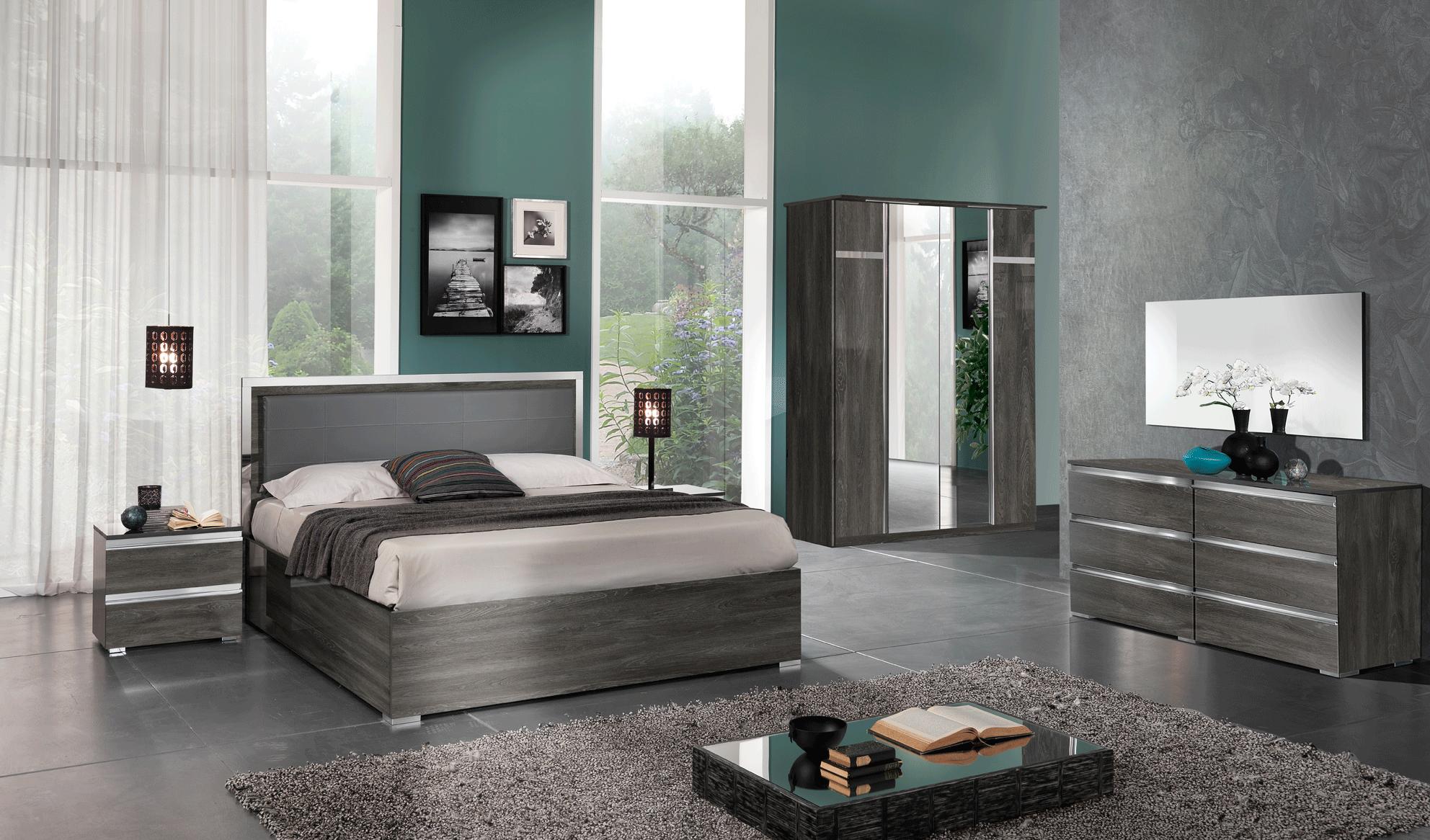 Contemporary, Modern Platform Bedroom Set Oxford ESF-Oxford-EK-2NDM-5PC in Wash Oak, Gray Eco Leather