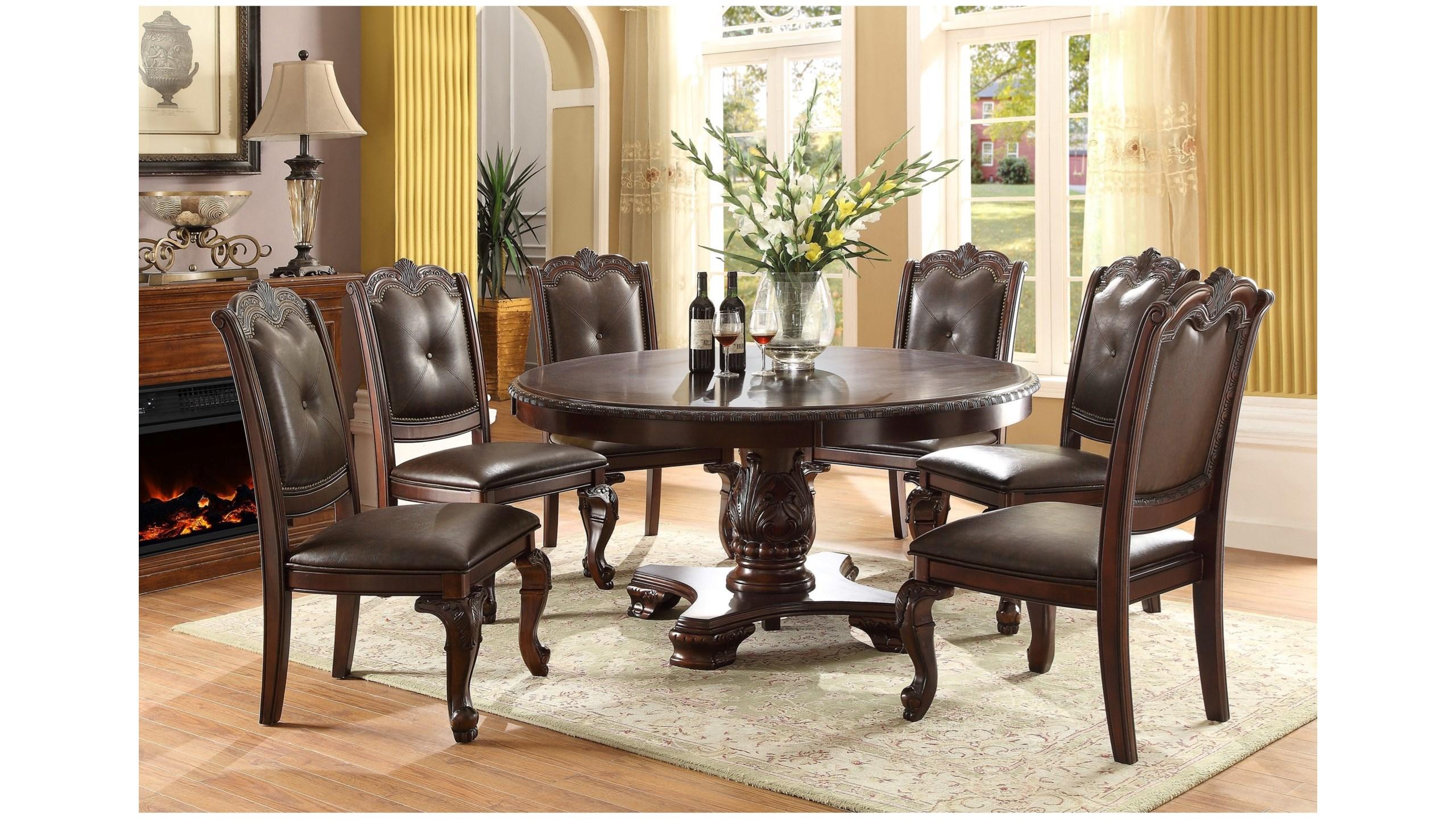 

    
Espresso Dining Round Table + 6 Chairs by Crown Mark Kiera 2150T-60-7pcs
