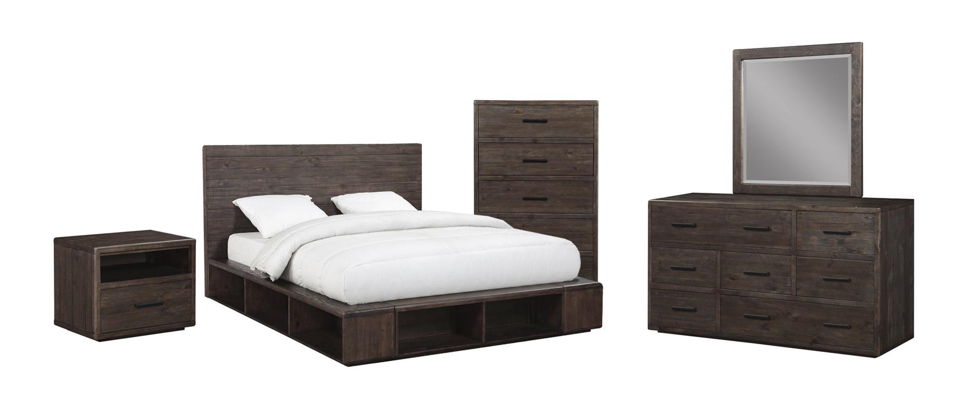 

    
Espresso Finish Queen Platform Bedroom Set 5Pcs with Open Storage w/ Chest  MCKINNEY by Modus Furniture
