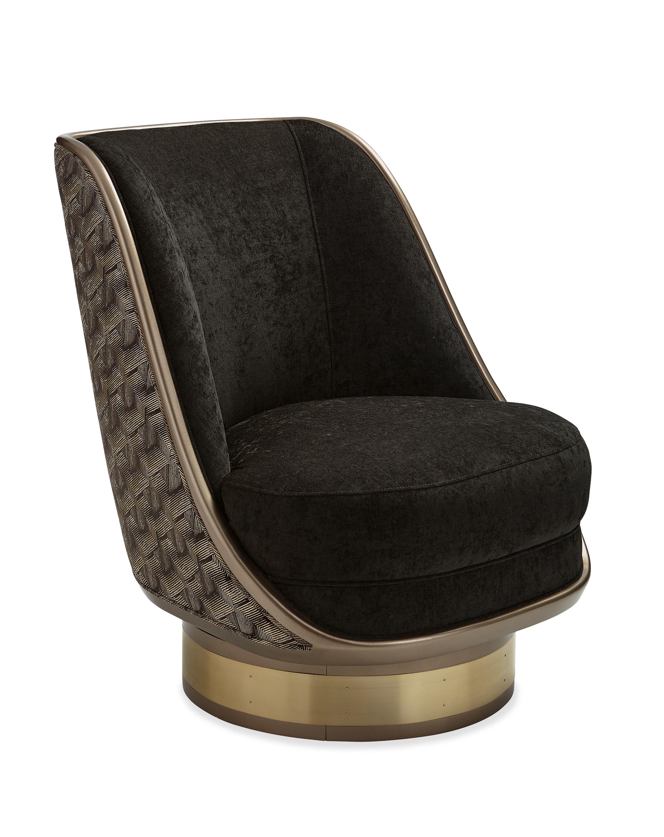 

    
Espresso & Gold Fabric Swivel Accent Chair GO FOR A SPIN by Caracole
