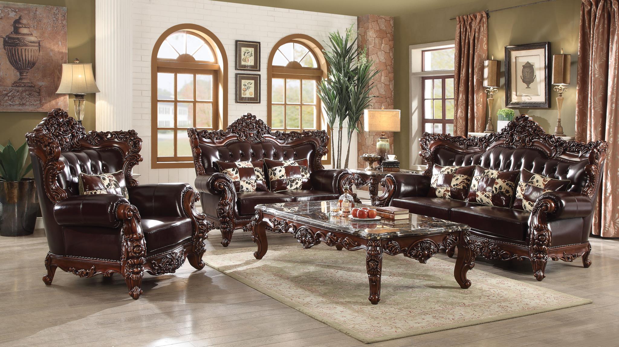 Classic, Traditional Sofa Set Forsythia 53070 53070-Set-3-Forsythia in Dark Walnut, Espresso Leather
