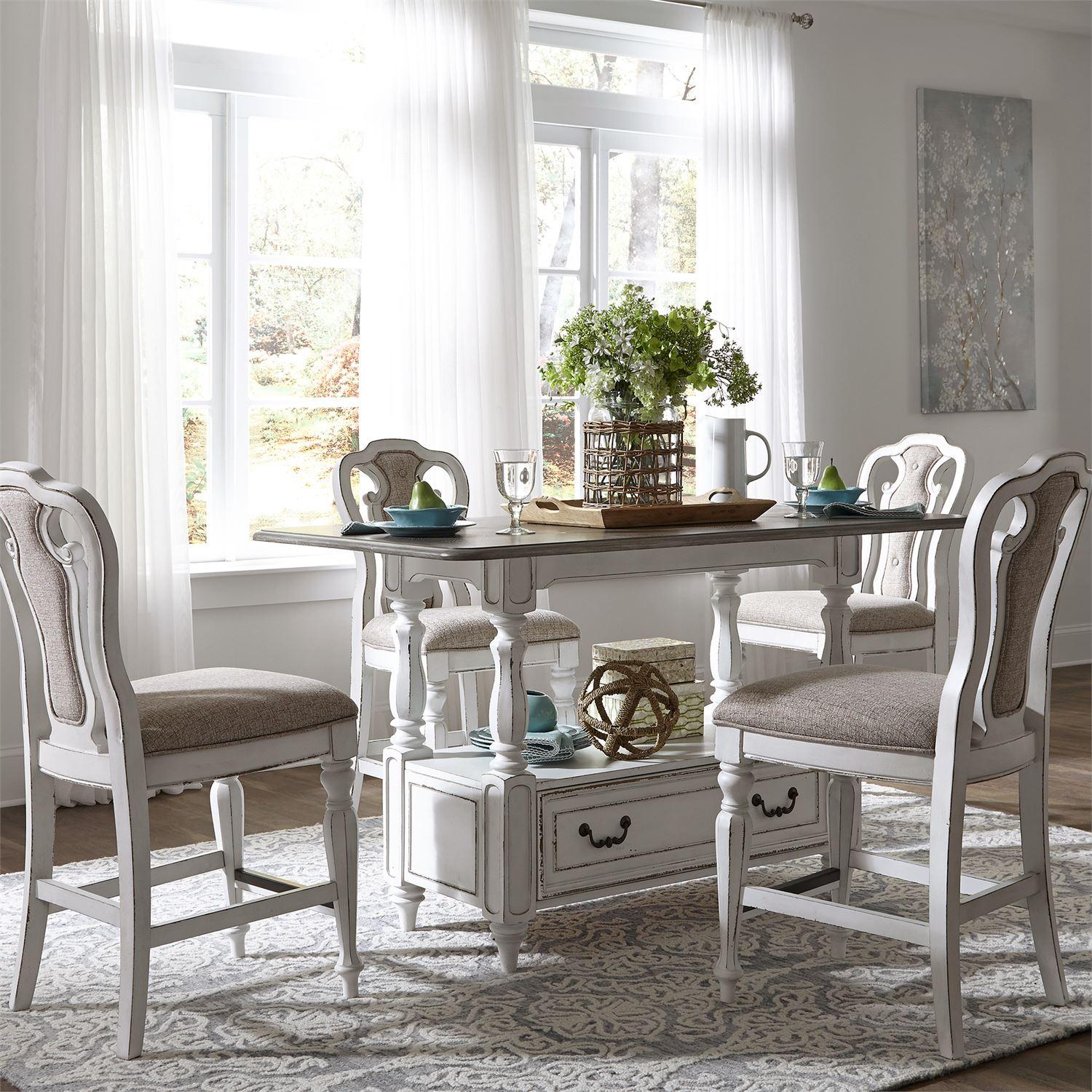 European Traditional Counter Dining Set Magnolia Manor  (244-DR) Dining Room Set 244-DR-5GTS in White Chenille