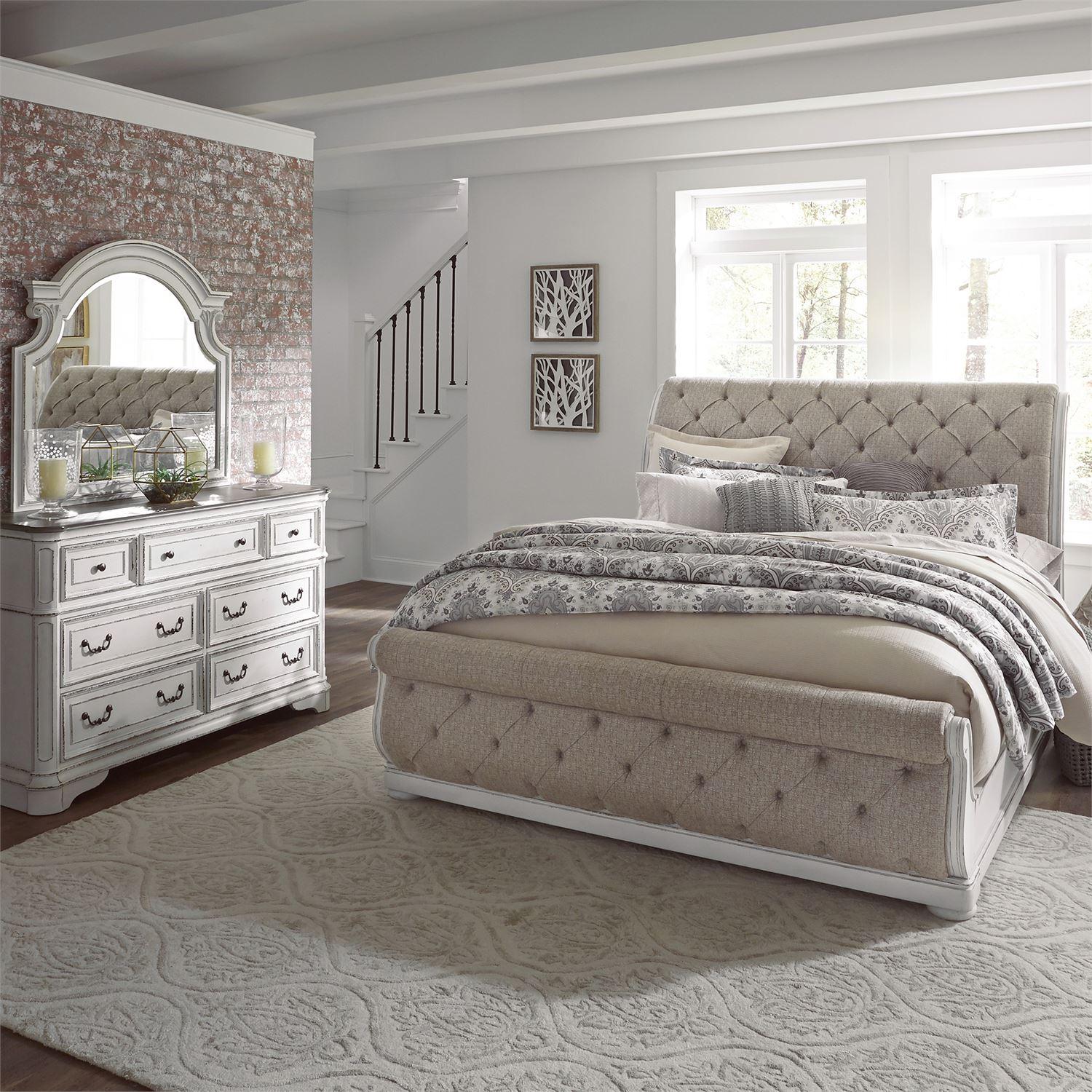 Traditional Sleigh Bedroom Set Magnolia Manor  (244-BR) Sleigh Bedroom Set 244-BR-QUSLDM in White Chenille