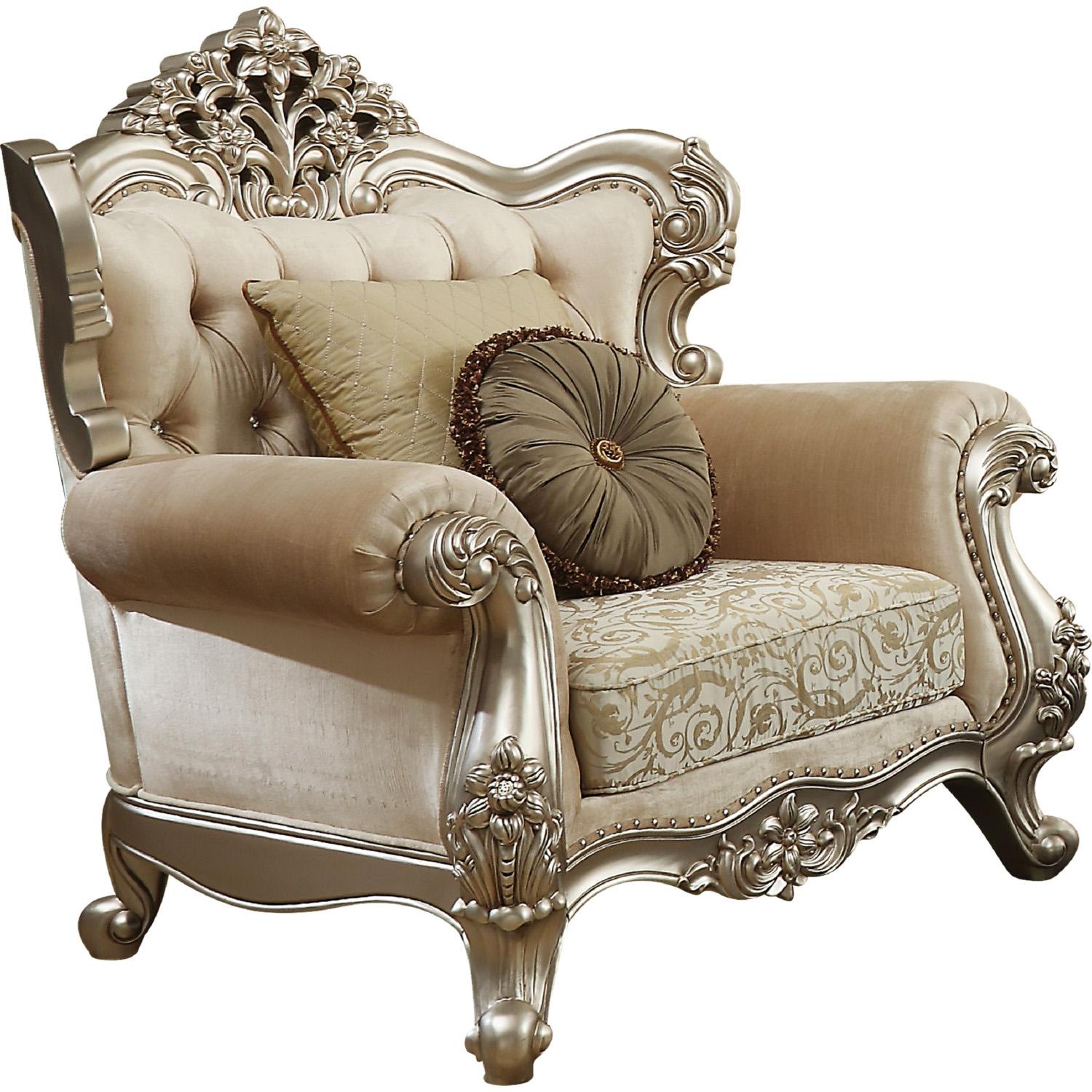 

    
Fabric Pearl & Champagne Arm Chair Bently 50662 ACME Traditional Carved Wood
