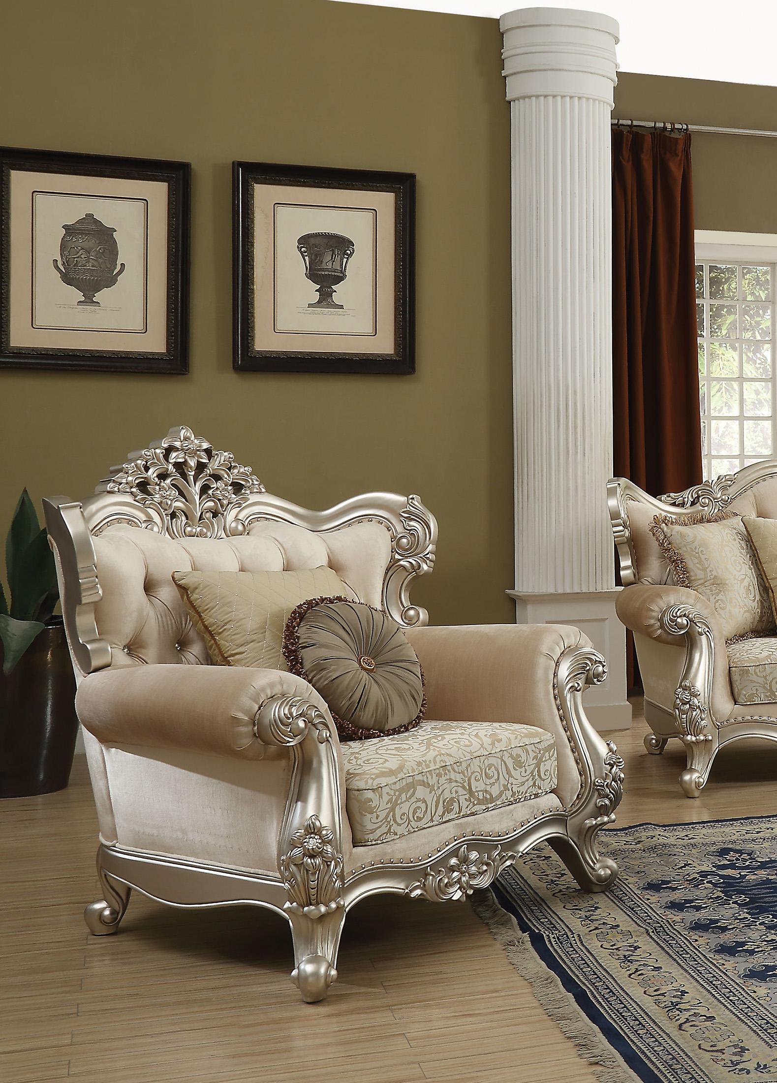 

    
Fabric Pearl & Champagne Arm Chair Bently 50662 ACME Traditional Carved Wood
