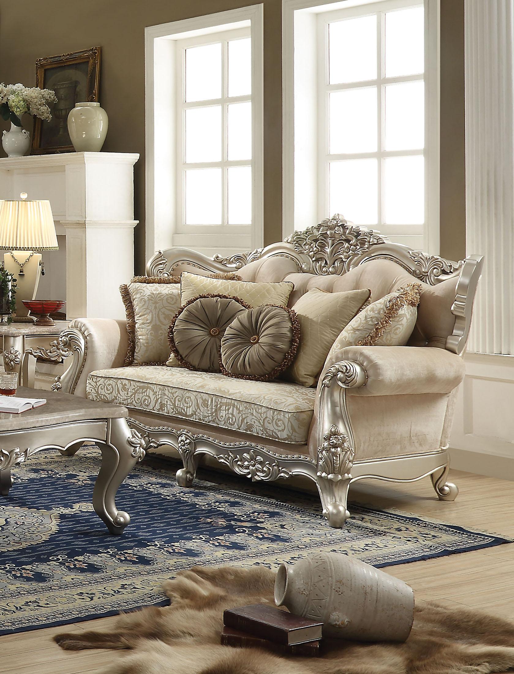 

    
Fabric Pearl & Champagne Loveseat Bently 50661 ACME Traditional Carved Wood
