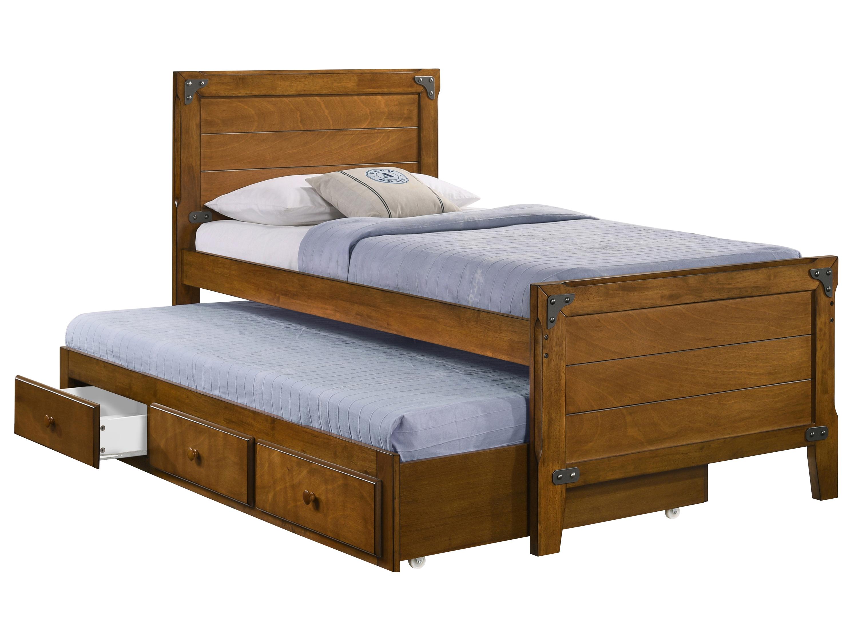 

    
Farmhouse Rustic Honey Solid Rubberwood Twin Captain's Bed w/Trundle Coaster 461371T Granger
