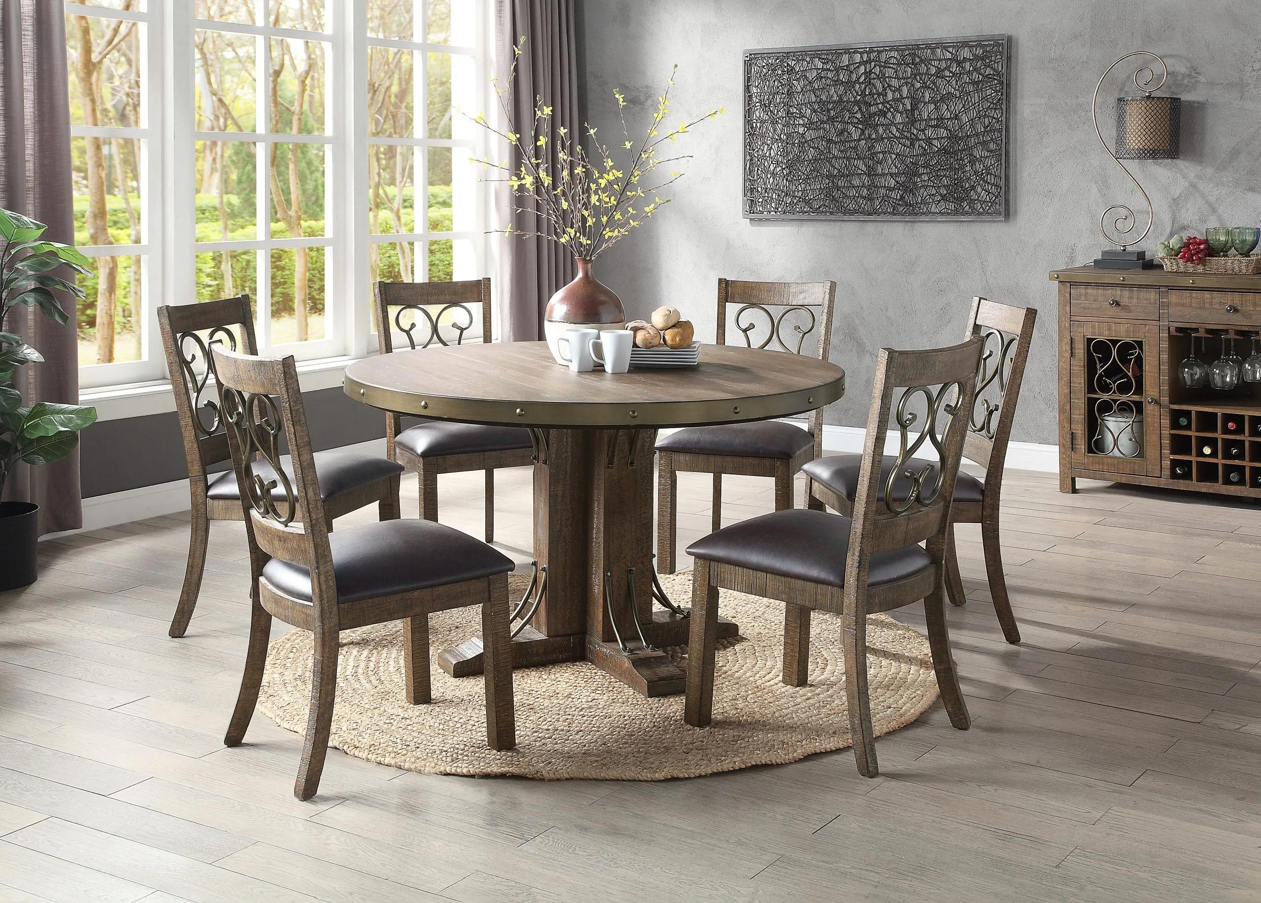 

    
Farmhouse Weathered Cherry Round Dining Table by Acme DN00984-7pcs Raphaela
