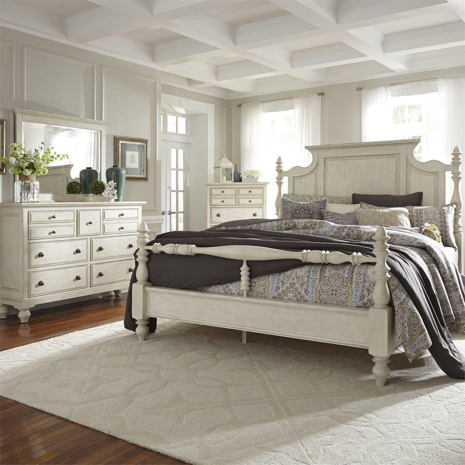 

    
Farmhouse White Queen Poster Bed Set 4 w/Chest High Country by Liberty Furniture
