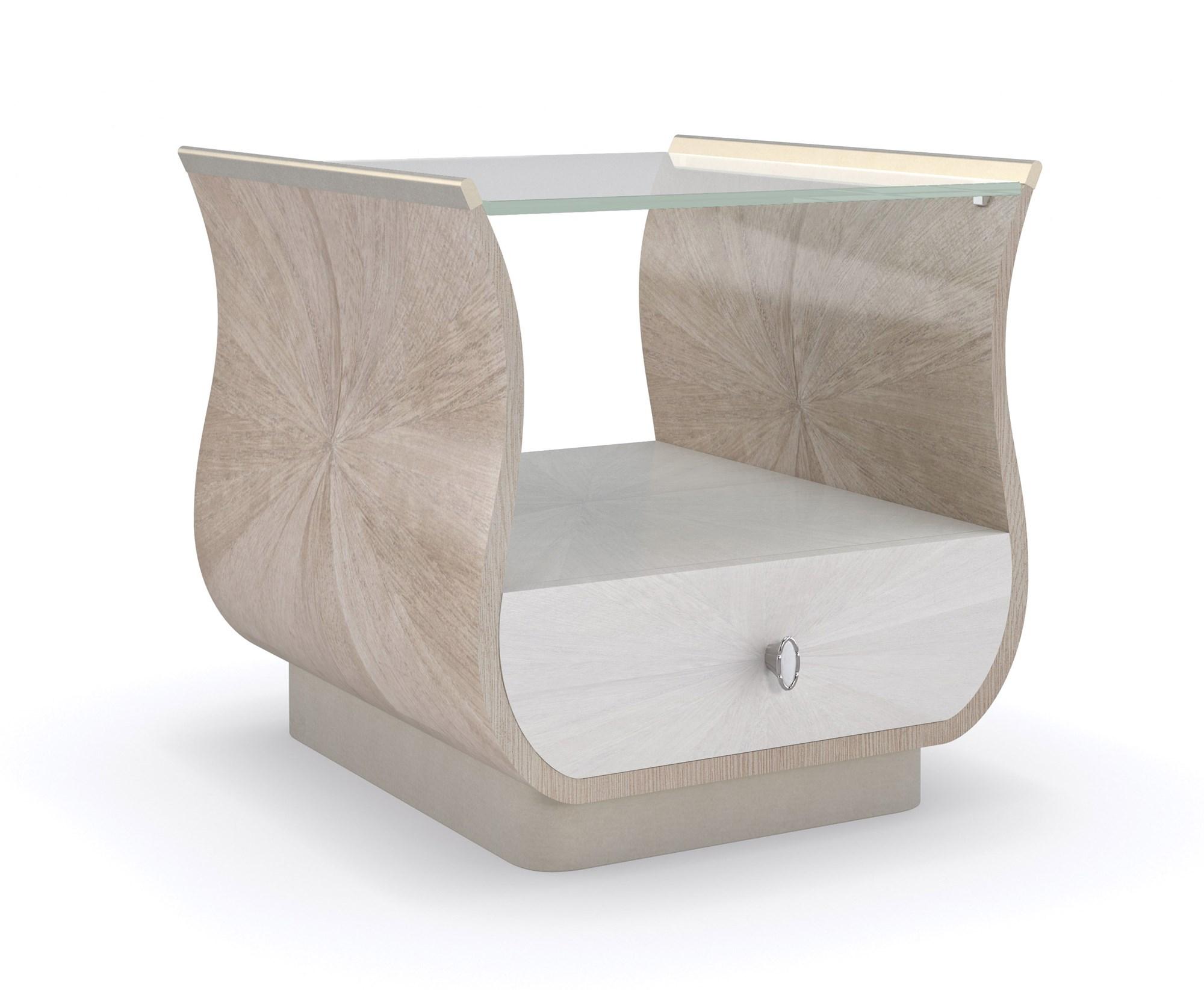 

    
Rectangle End Table Glass Top in Soft Radiance LILLIAN by Caracole
