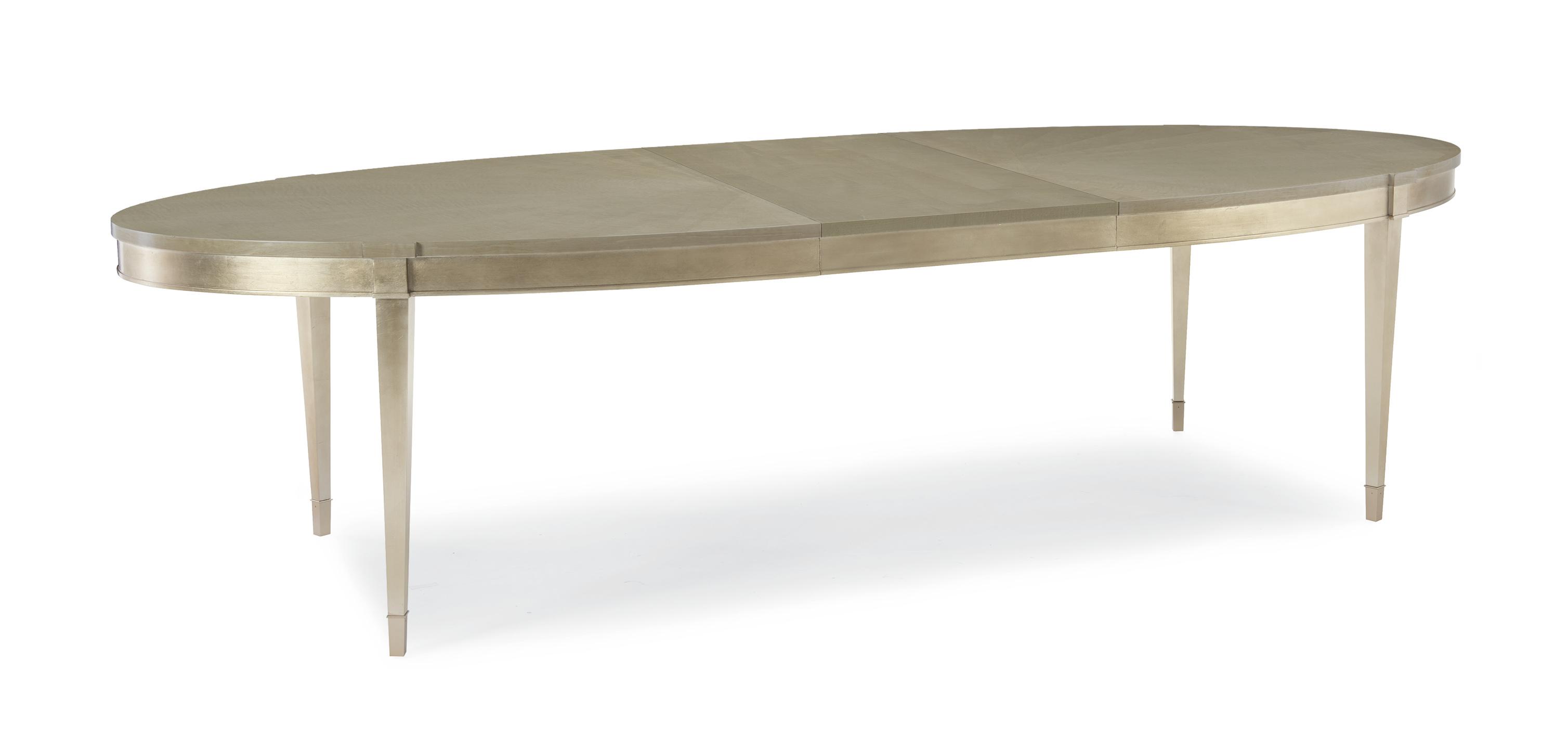 

    
Fumed Tiger Maple & Silver Leaf Accents Dining Table A House Favorite by Caracole
