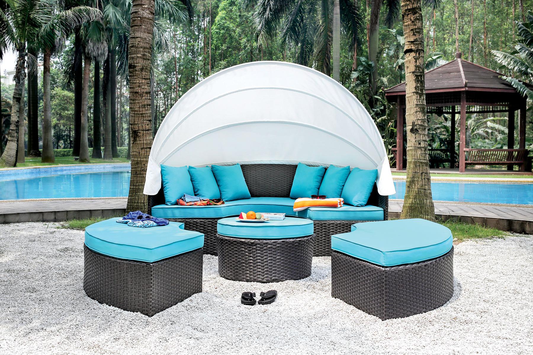 Transitional Outdoor Daybed Set ARIA CM-OS2117 CM-OS2117 in White, Turquoise, Brown Fabric