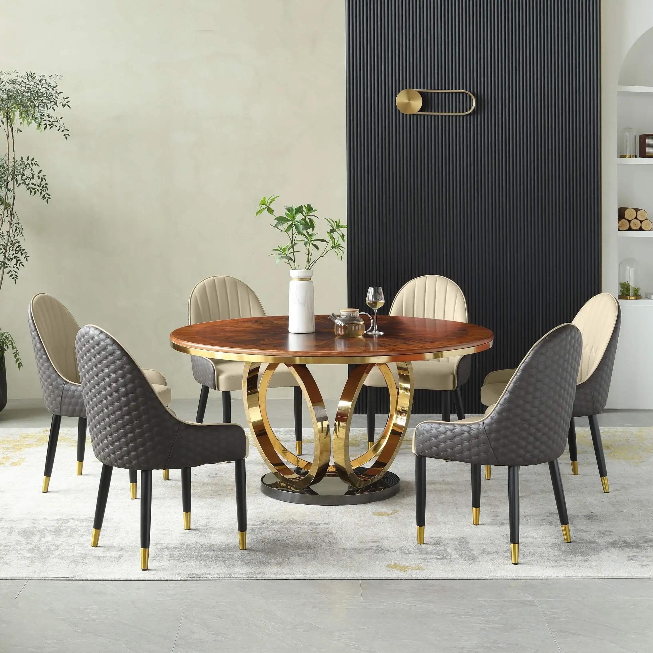 Modern Dining Table Set Galaxy EF-54415-WDT-EF-54450-BSC-7PC in Gold, Chocolate Faux Leather