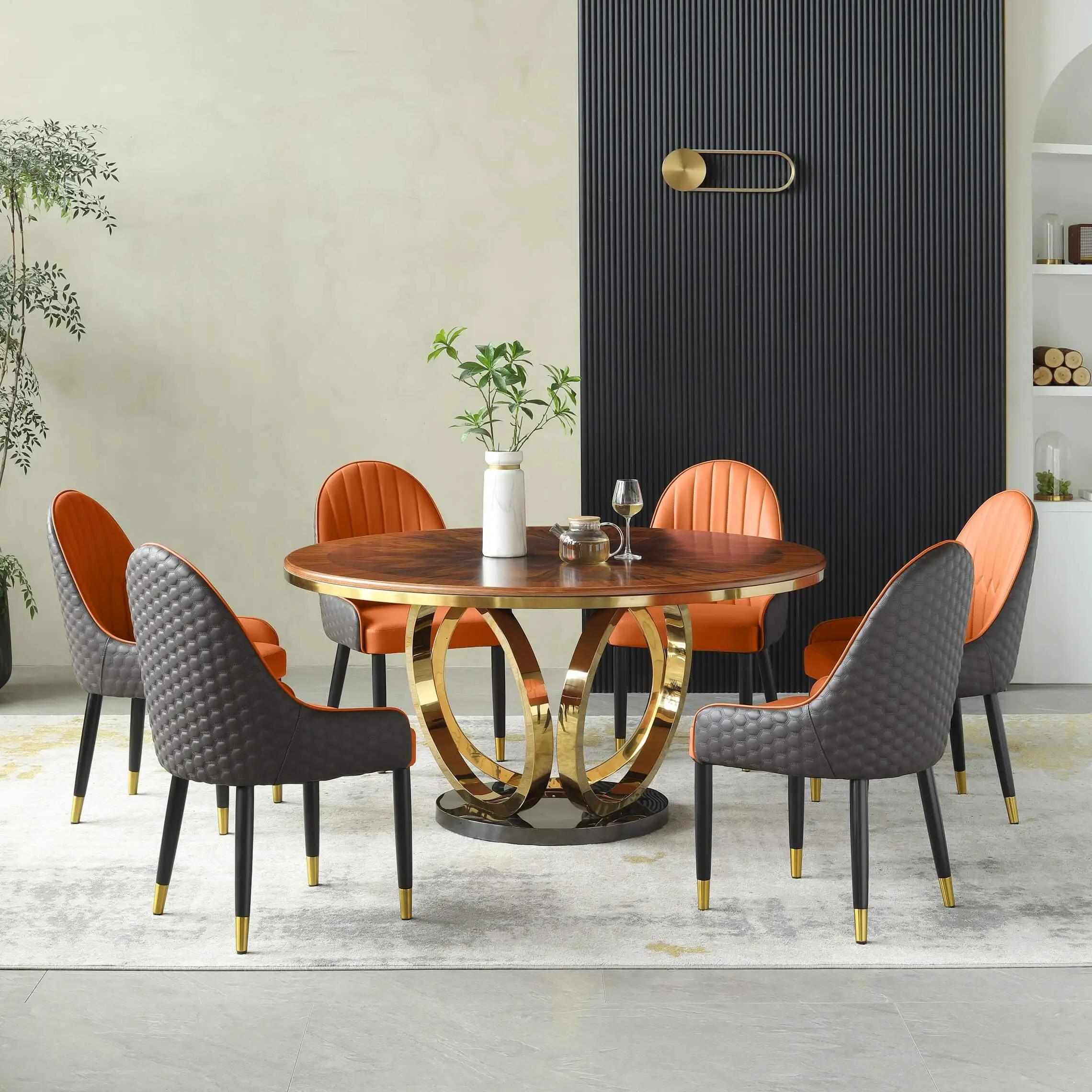 Modern Dining Table Set Galaxy EF-54415-WDT-EF-54450-OSC-Set-7 in Orange, Gold, Chocolate Faux Leather