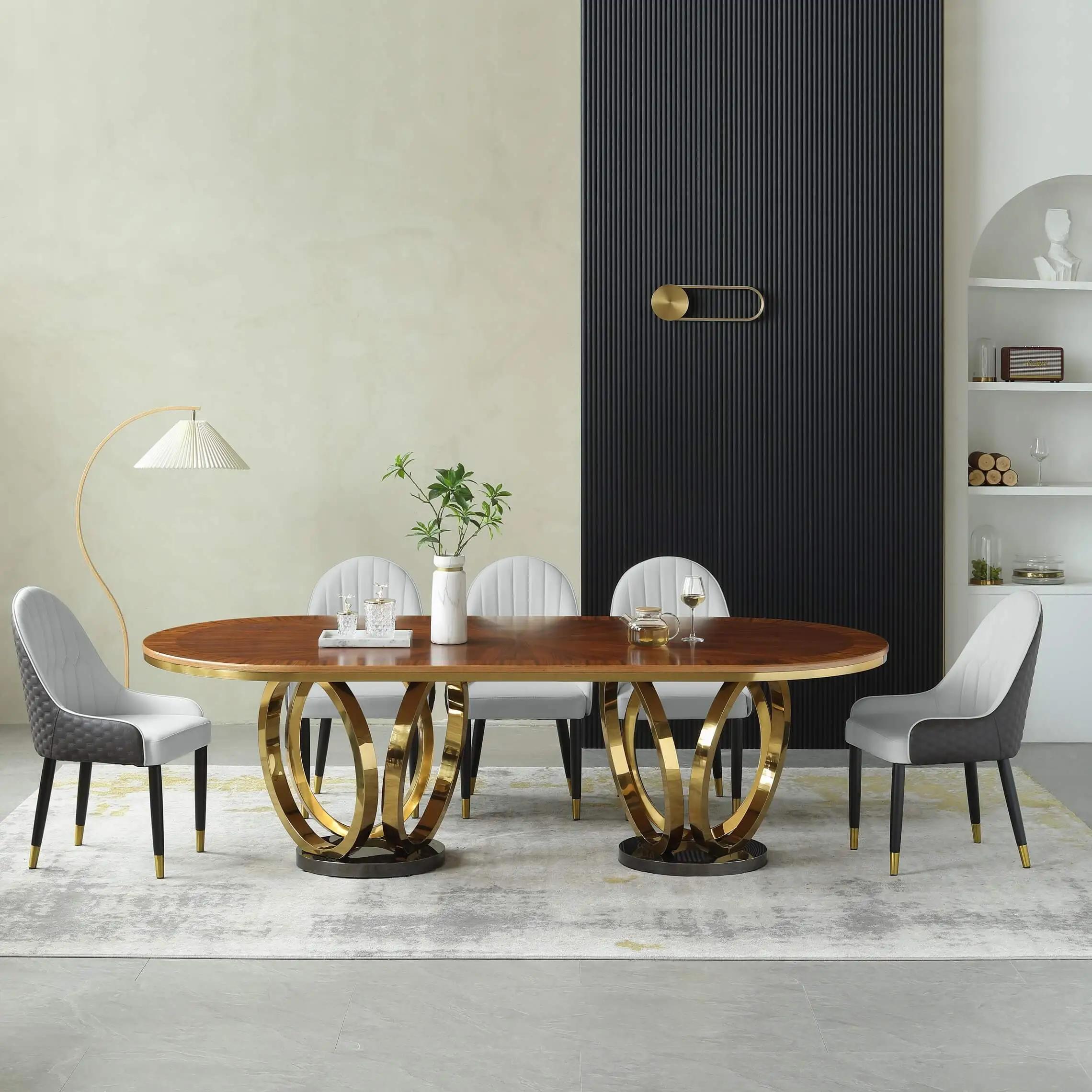 Modern Oval Dining Table Set Galaxy EF-54425-DT- EF-54450-GSC-7PC in Gray, Gold, Chocolate Faux Leather