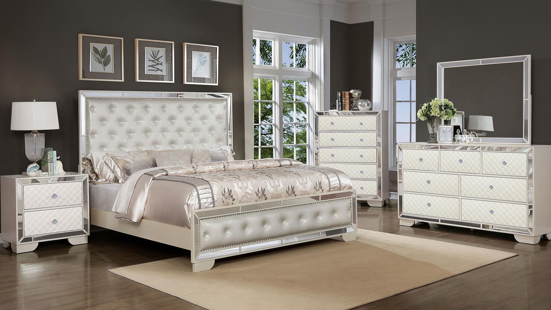 

    
Glam Beige Mirrored Inlay Tufted King Bedroom Set 4P MADISON Galaxy Home Modern
