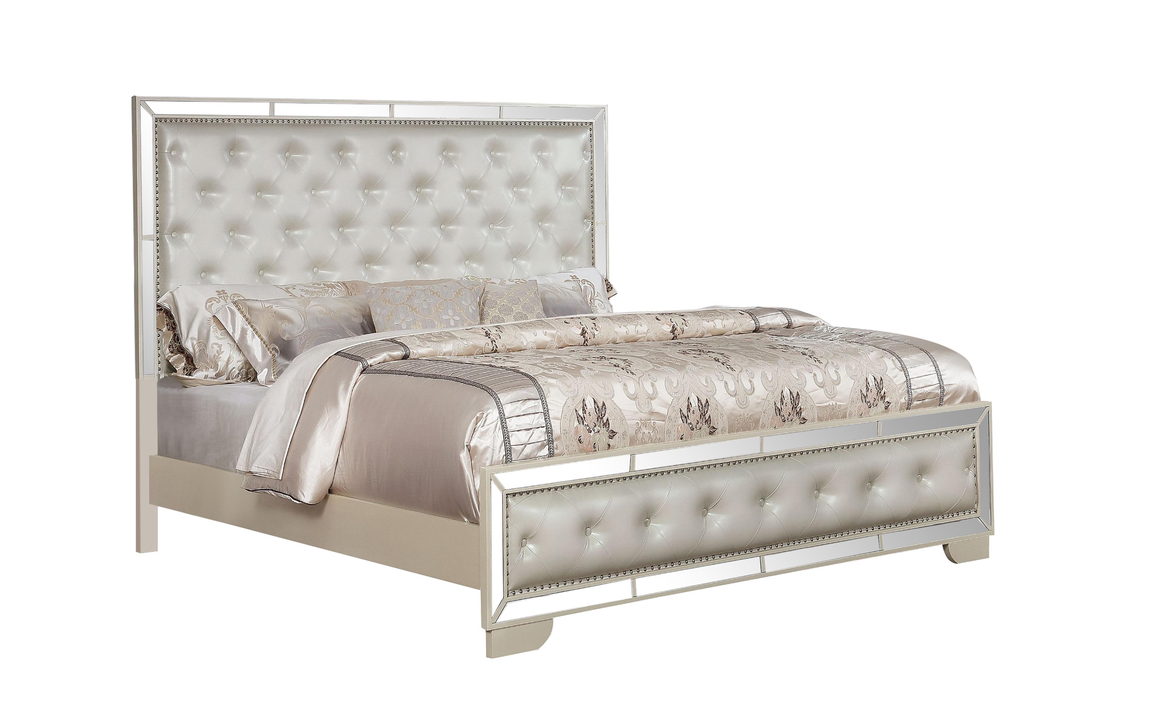 

    
Glam Beige Mirrored Inlay Tufted King Bed MADISON Galaxy Home Modern
