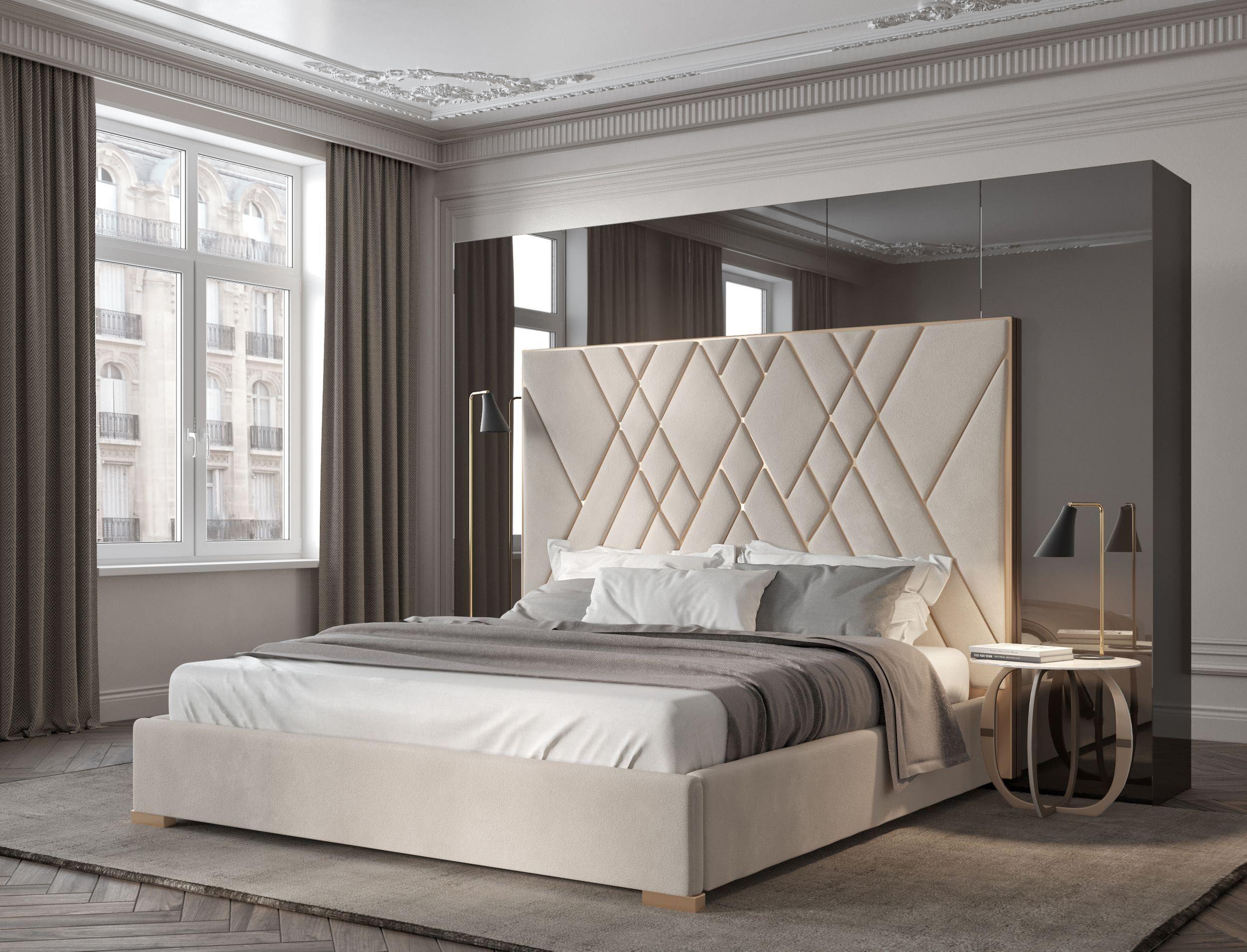 Contemporary, Modern Panel Bed Eldora VGVCBD1900-19-K in Gold, Beige Velvet
