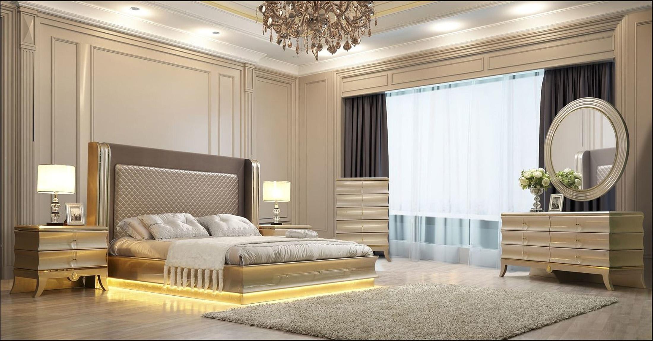 

    
Glam Belle Silver & Gold CAL King Bedroom Set 6Pcs Contemporary Homey Design HD-925
