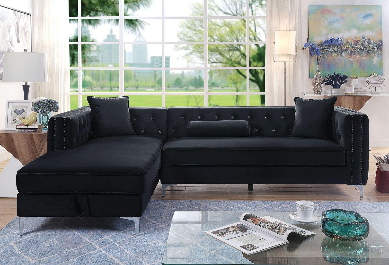 

    
Glam Black Flannelette Sectional Sofa Furniture of America CM6652BK-SECT Amie
