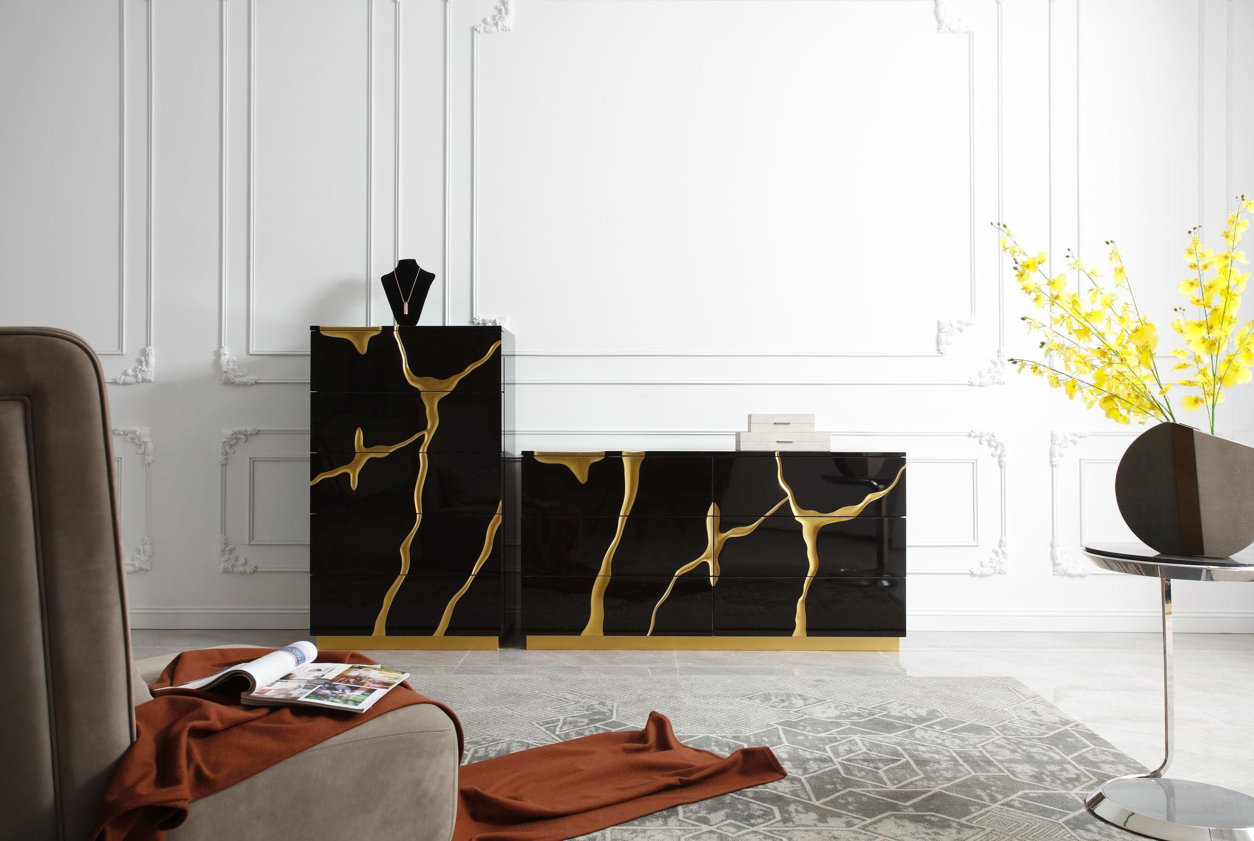 Contemporary, Modern Dresser and Chest Aspen VGVCJ1801-D-BLKX-DRS-2pcs in Gold, Black 