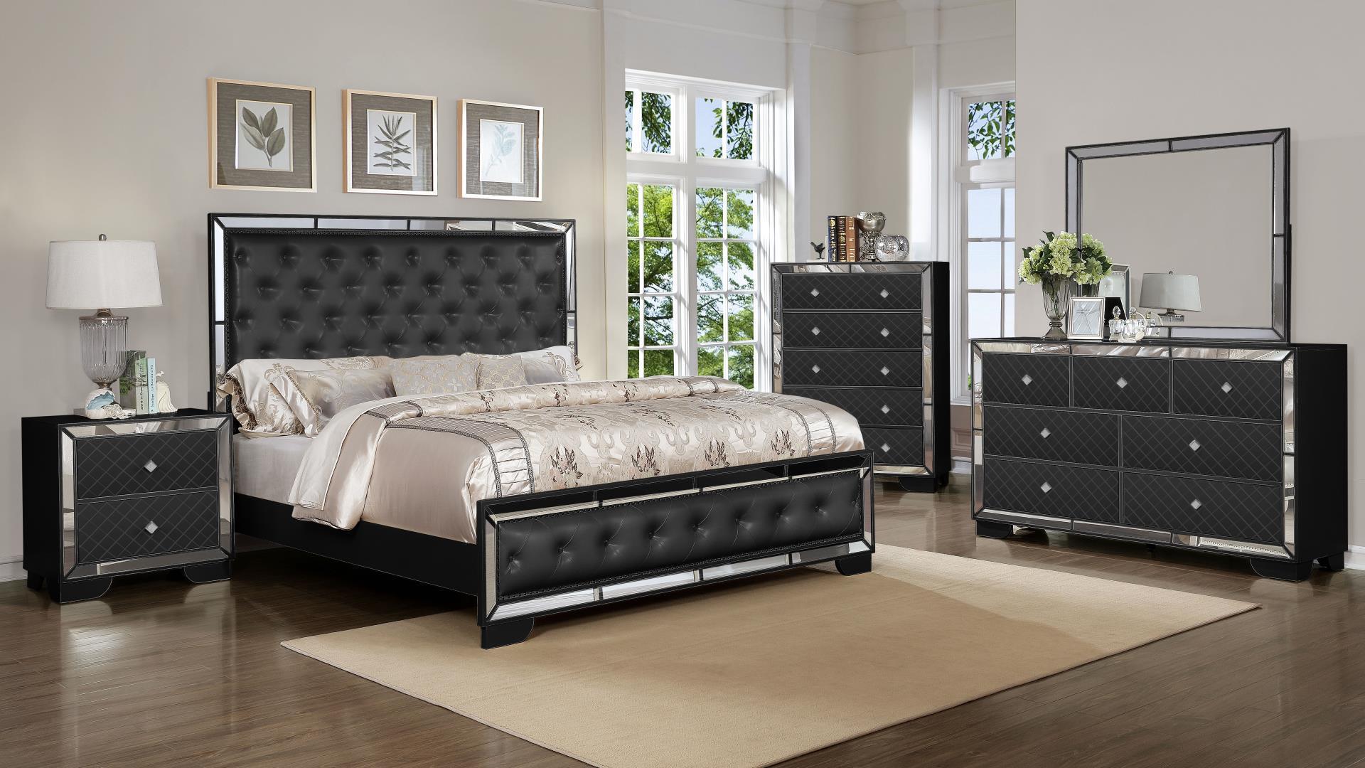 

    
Glam Black Mirrored Inlay Tufted Queen Bedroom Set 4P MADISON Galaxy Home Modern
