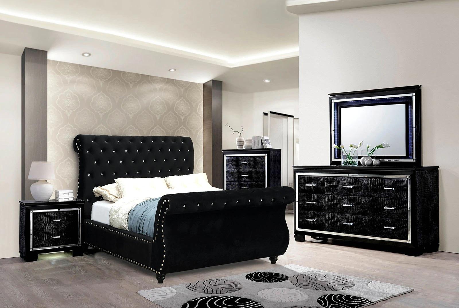 

    
Glam Black Solid Wood CAL Bedroom Set 6pcs Furniture of America CM7128BK-CK Noella
