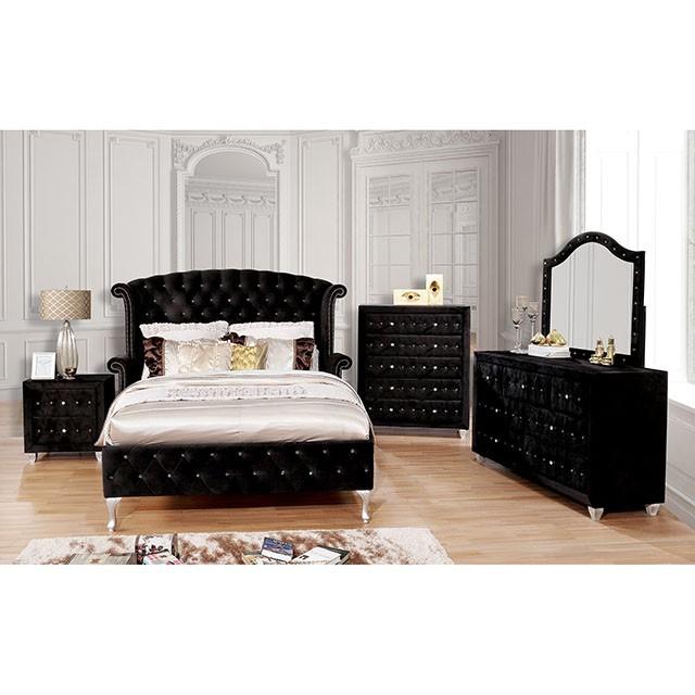

    
Glam Black Solid Wood California King Panel Bedroom Set 5PCS Furniture of America Alzire CM7150BK-CK-5PCS
