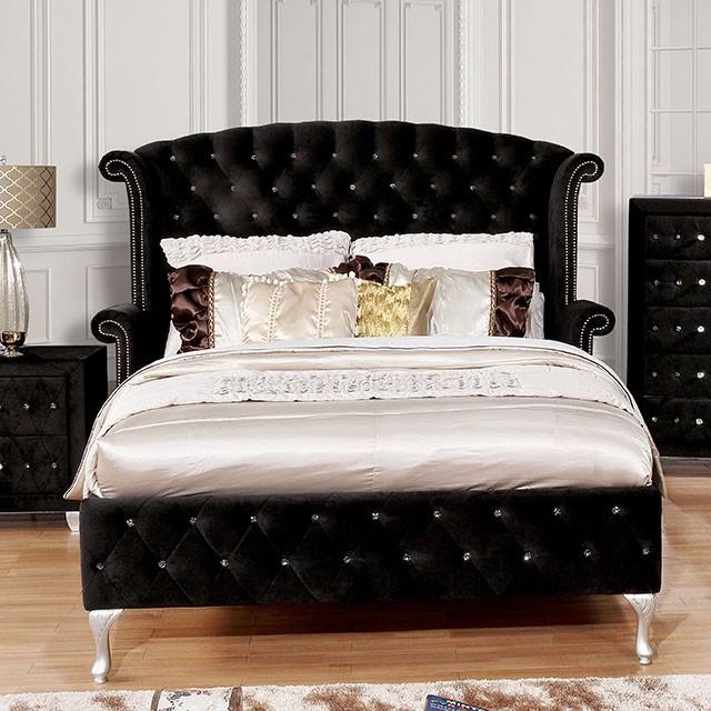 

    
Glam Black Solid Wood Queen Panel Bed Furniture of America Alzire CM7150BK-Q
