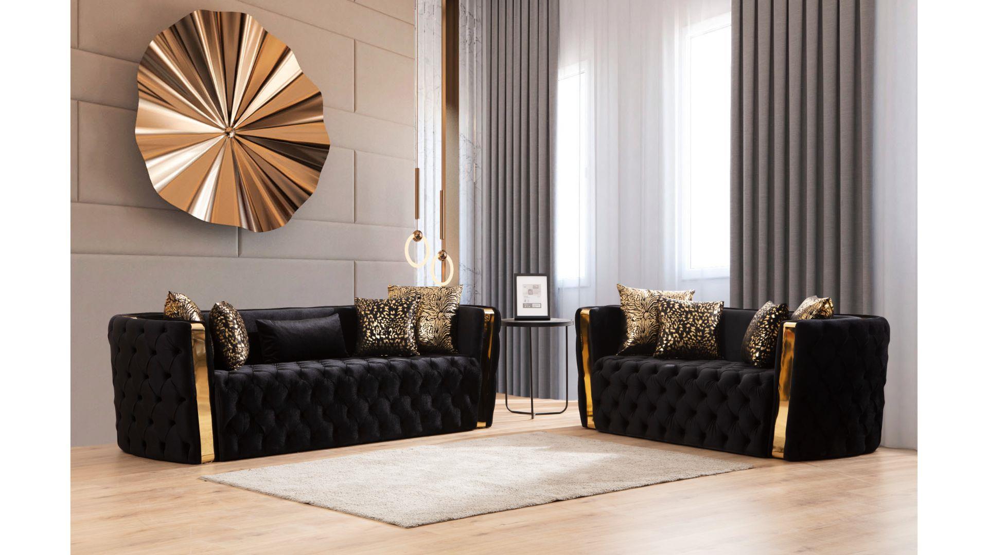 

    
Naomi Button Tufted 2Pc Sofa Set With Velvet Fabric And Gold Accent In Black Galaxy
