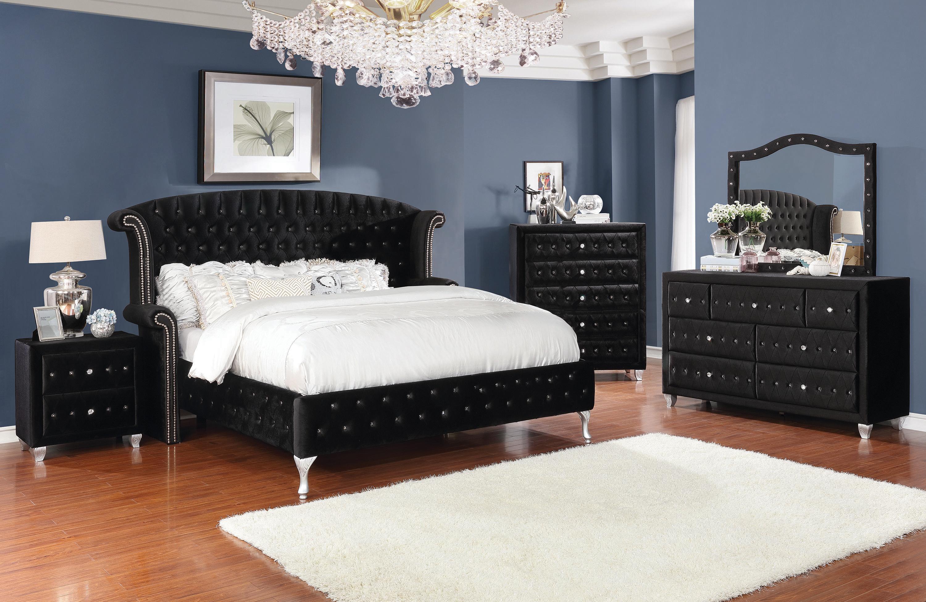 

    
Glam Black Velvet CAL Bedroom Set 3pcs Coaster 206101KW Deanna
