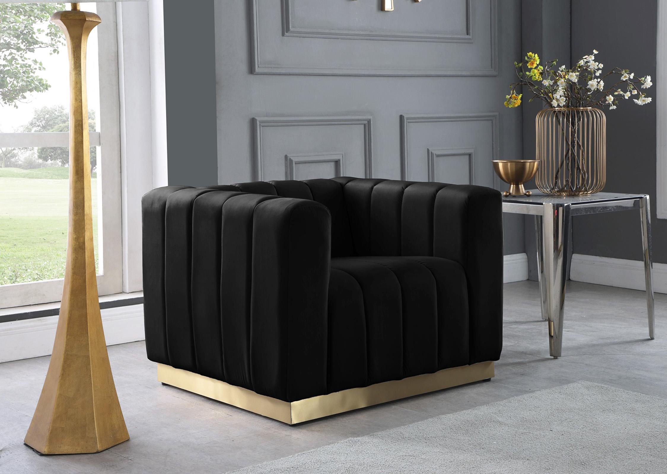 

        
Meridian Furniture MARLON 603Black-C-Set-2 Arm Chair Set Gold/Black Velvet 704831408744
