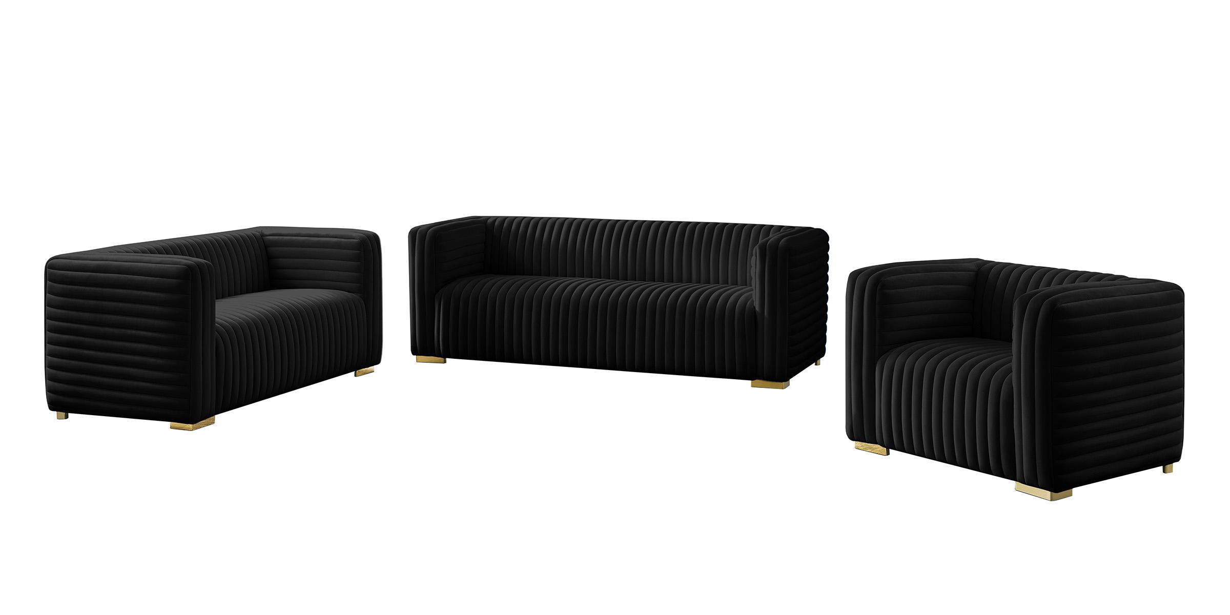 Contemporary, Modern Sofa Set Ravish 640Black-S-Set 640Black-S-Set-3 in Black Velvet