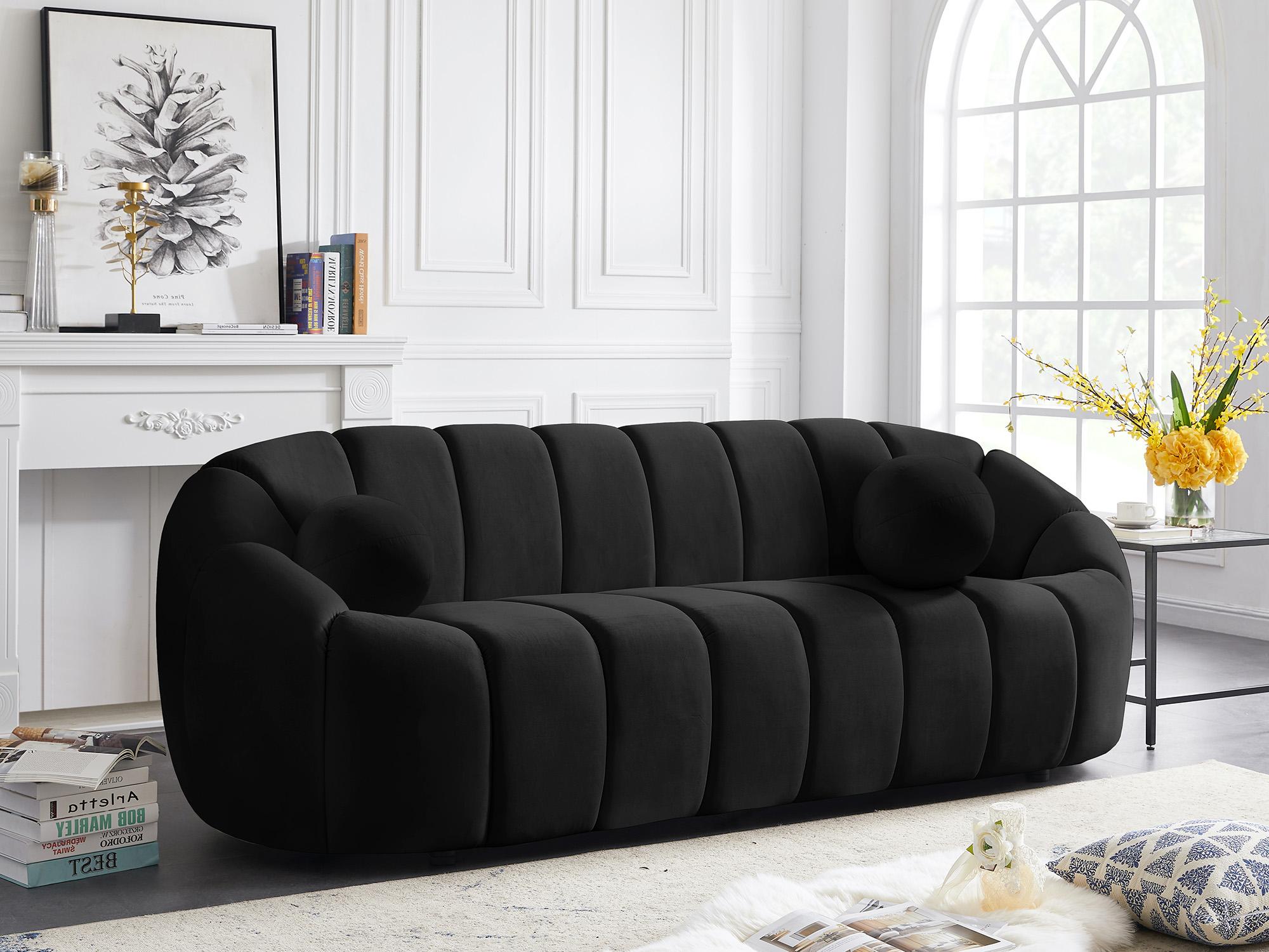 

    
Glam BLACK Velvet Channel Tufted Sofa ELIJAH 613Black-S Meridian Contemporary
