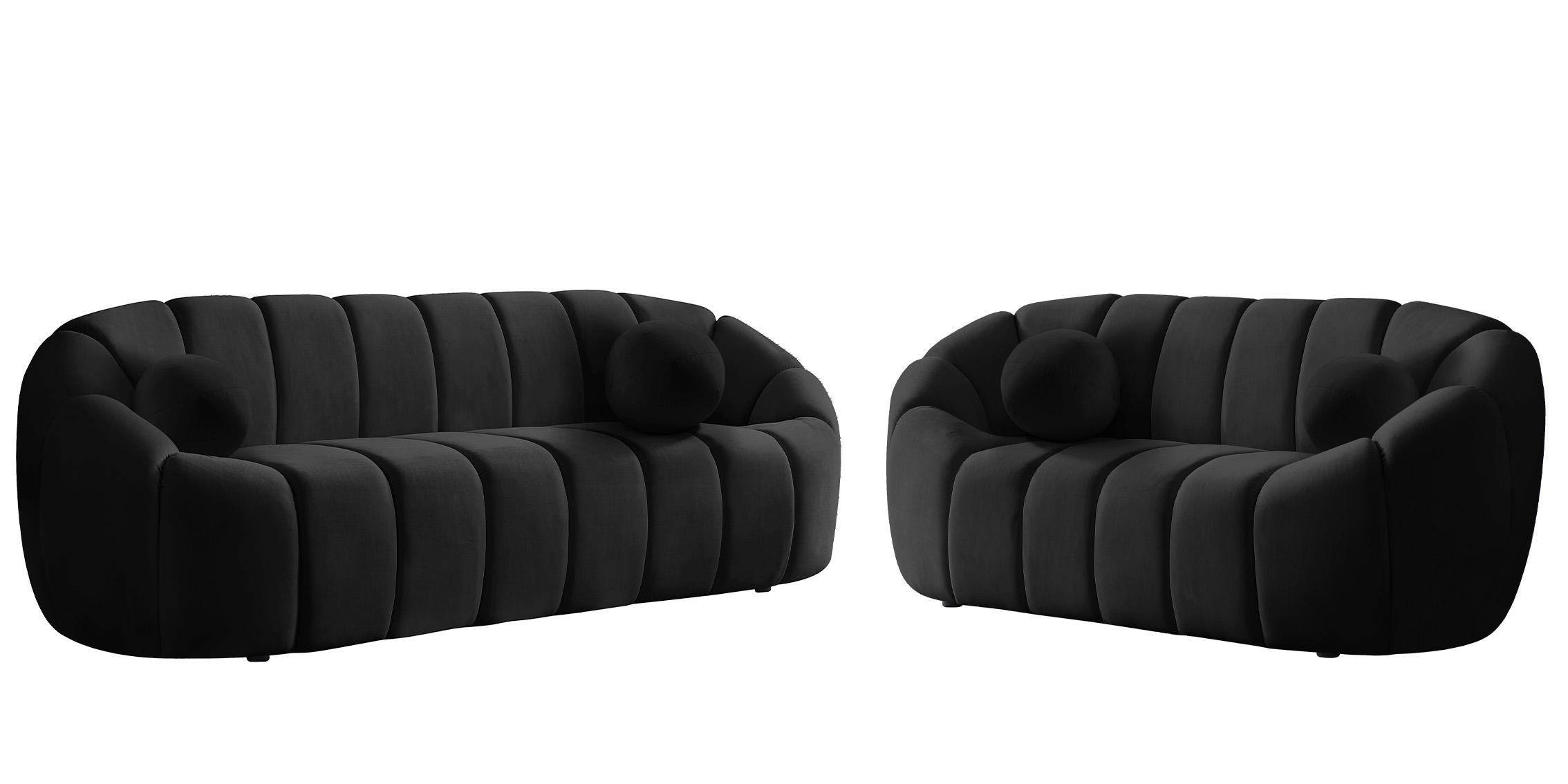 Contemporary, Modern Sofa Set ELIJAH 613Black-S 613Black-S-Set-2 in Black Velvet