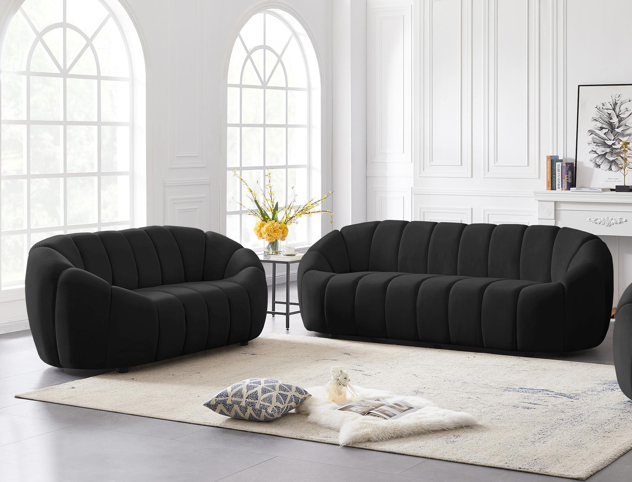 

    
Glam BLACK Velvet Channel Tufted Sofa Set 2P ELIJAH 613Black-S Meridian Modern
