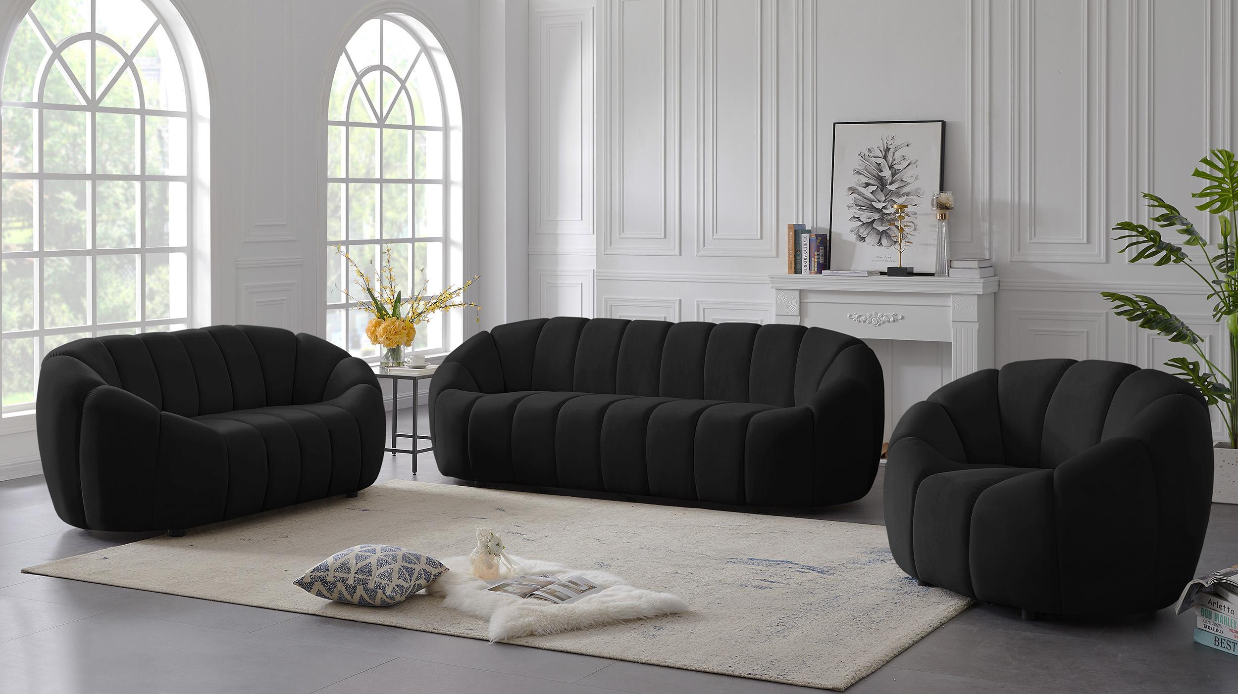 

    
Glam BLACK Velvet Channel Tufted Sofa Set 3P ELIJAH 613Black-S Meridian Modern
