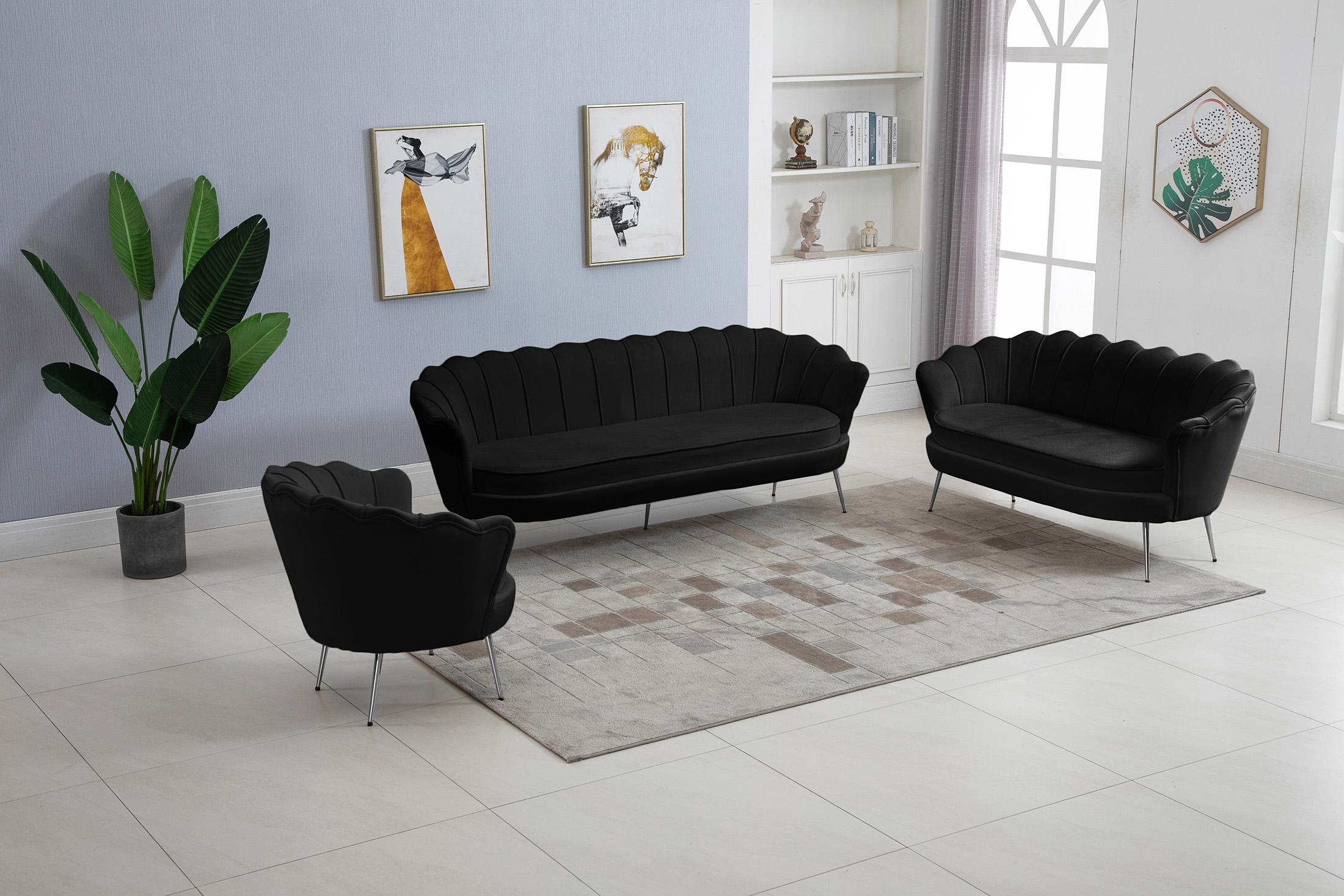 

    
Glam BLACK Velvet Channel Tufted Sofa Set 3Pcs GARDENIA 684Black Meridian Modern
