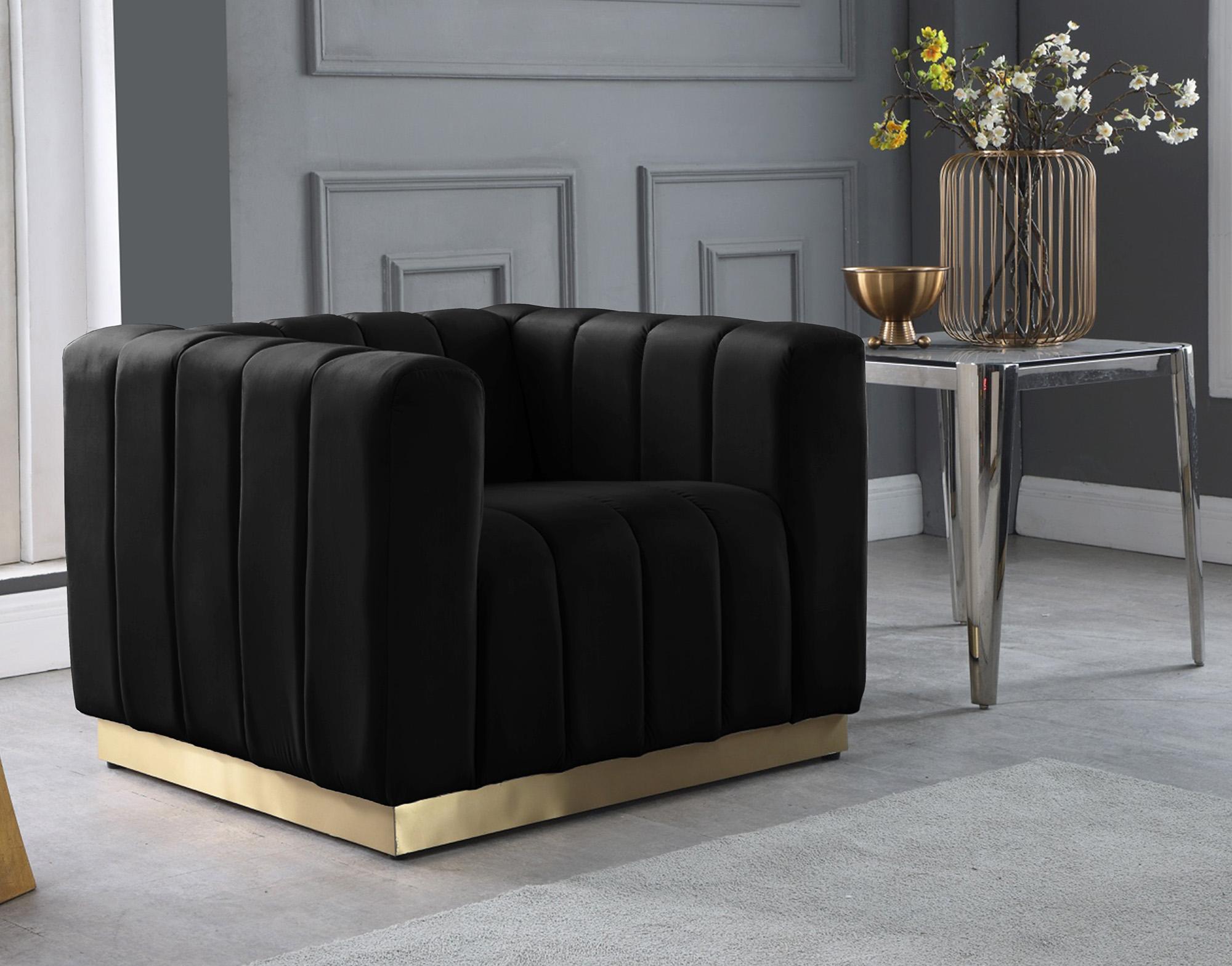 

        
Meridian Furniture MARLON 603Black-S-Set-3 Sofa Set Gold/Black Velvet 704831408720
