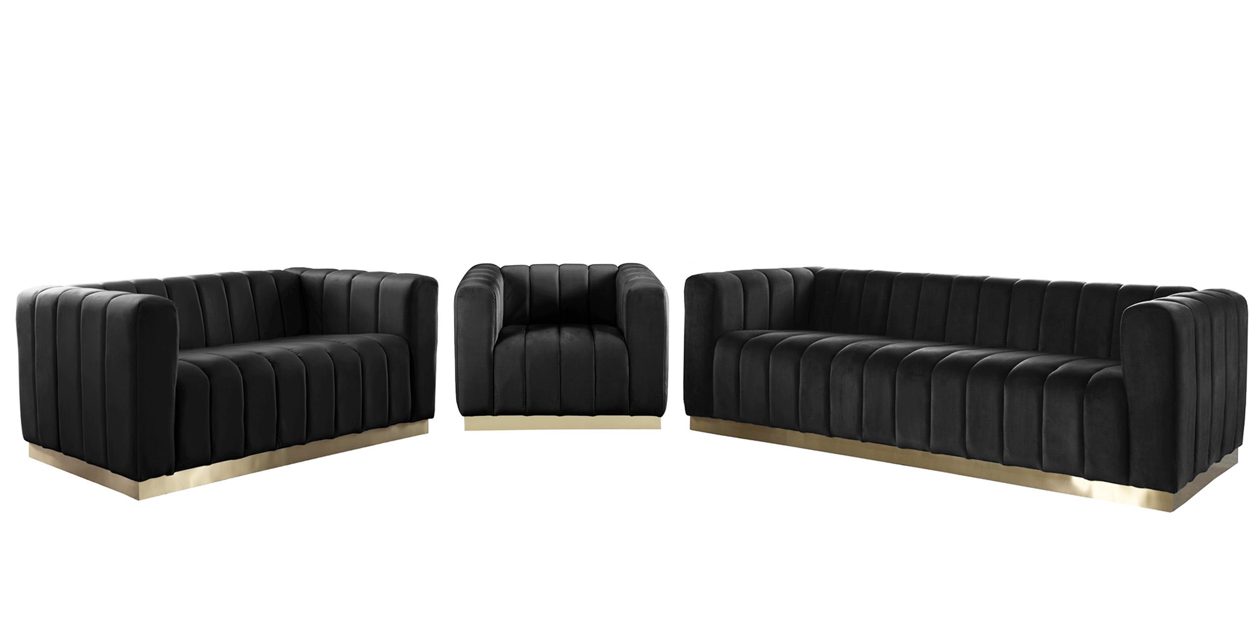 

    
Glam Black Velvet Channel Tufted Sofa Set 3Pcs MARLON 603Black-S Meridian Modern
