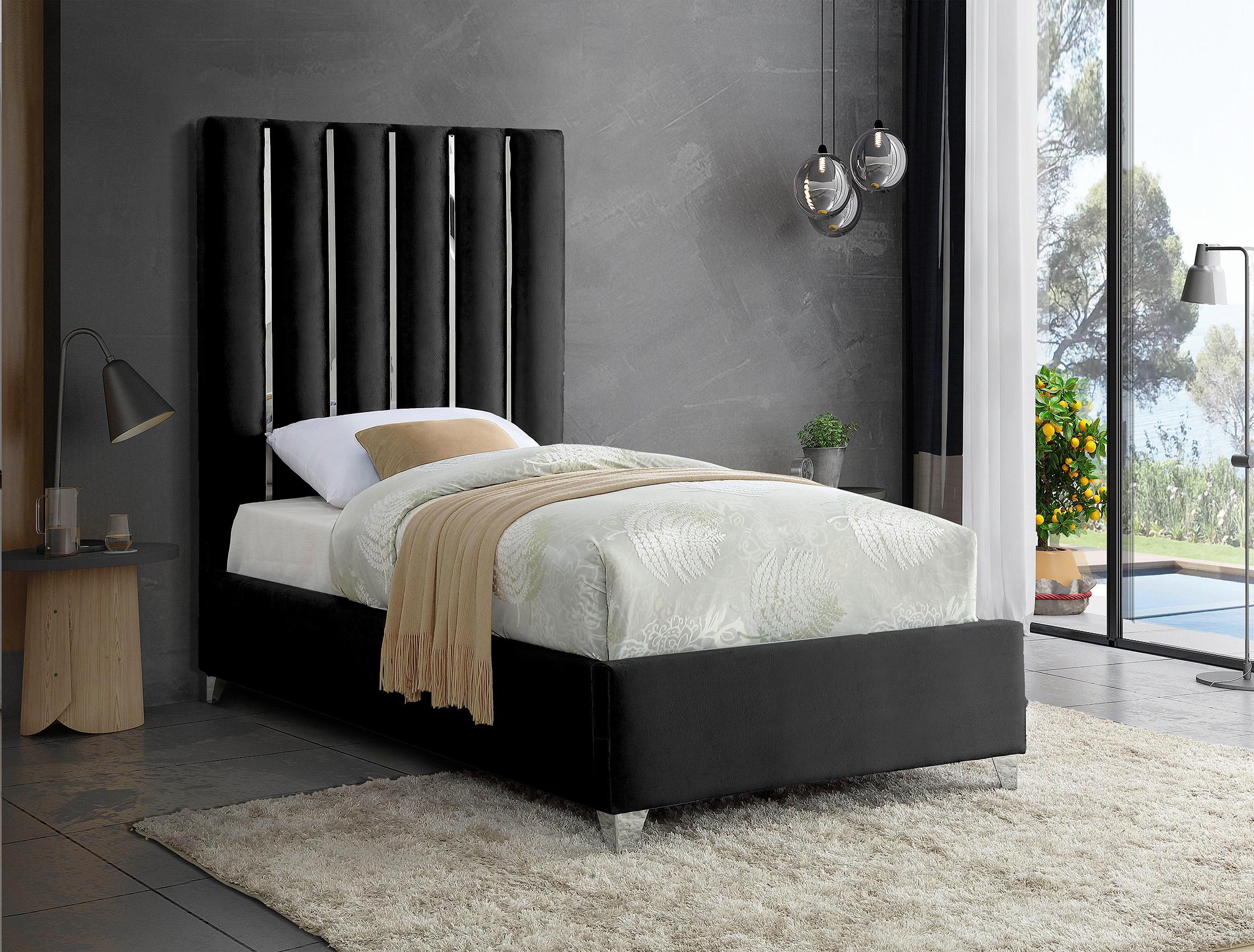 

    
Glam Black Velvet Channel Tufted Twin Bed Enzo Meridian Contemporary Modern
