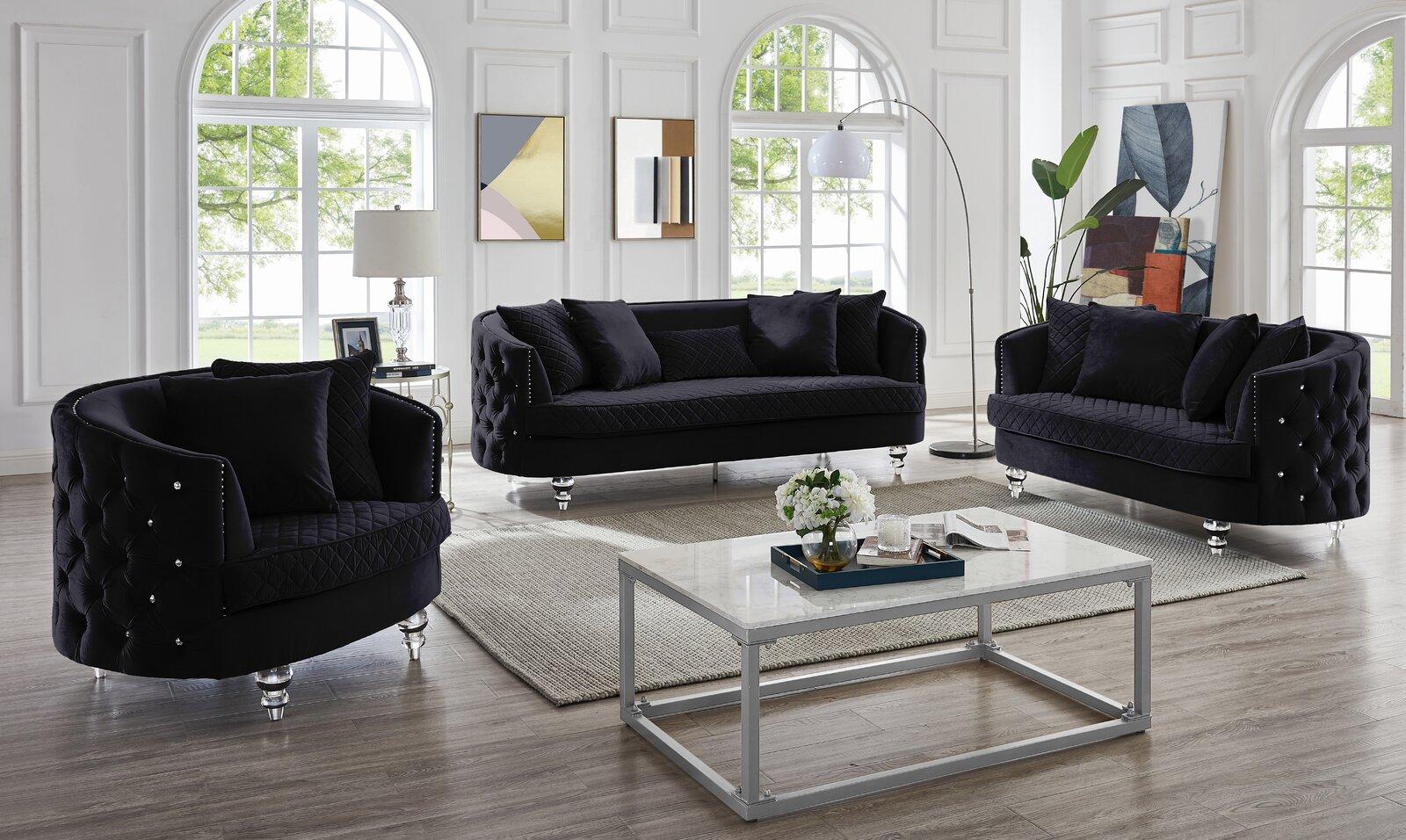 

    
Glam Black Velvet Crystal Tufted Sofa Set 3 SASHA Galaxy Home Contemporary
