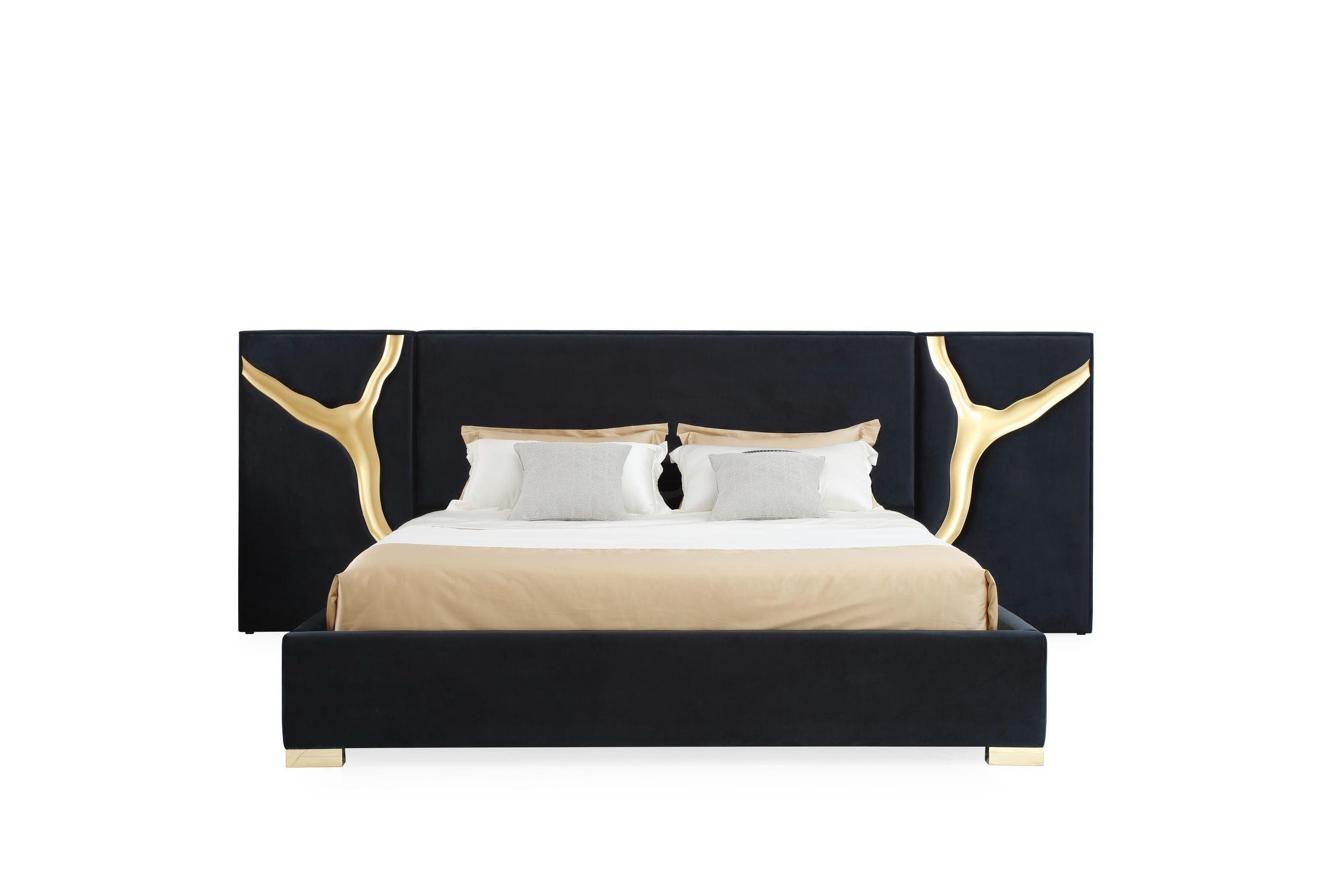 

    
Glam Black Velvet & Gold Platform Bed & 2 Nightstands by Modrest Aspen
