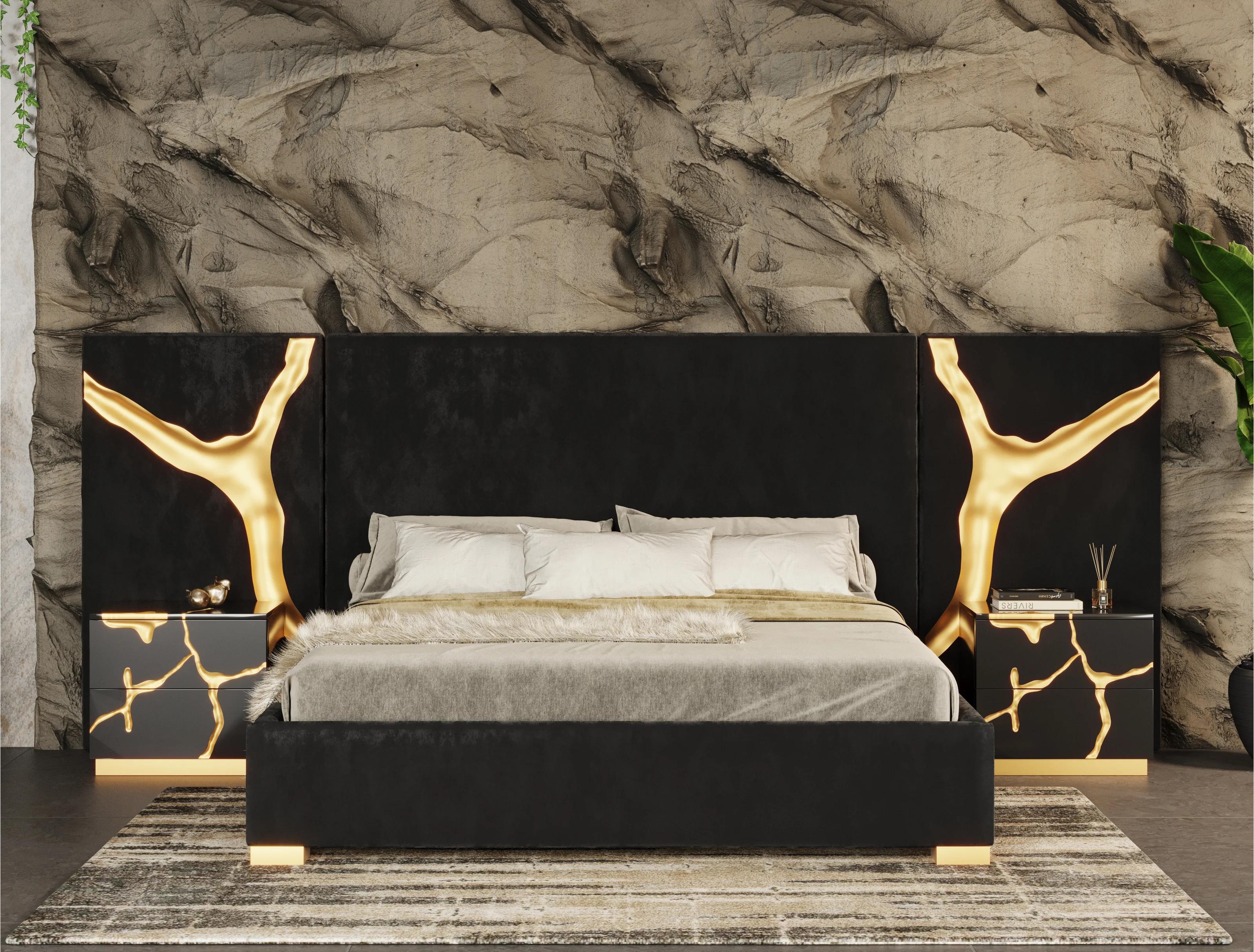 

    
Glam Black Velvet & Gold Platform Bed & 2 Nightstands by Modrest Aspen
