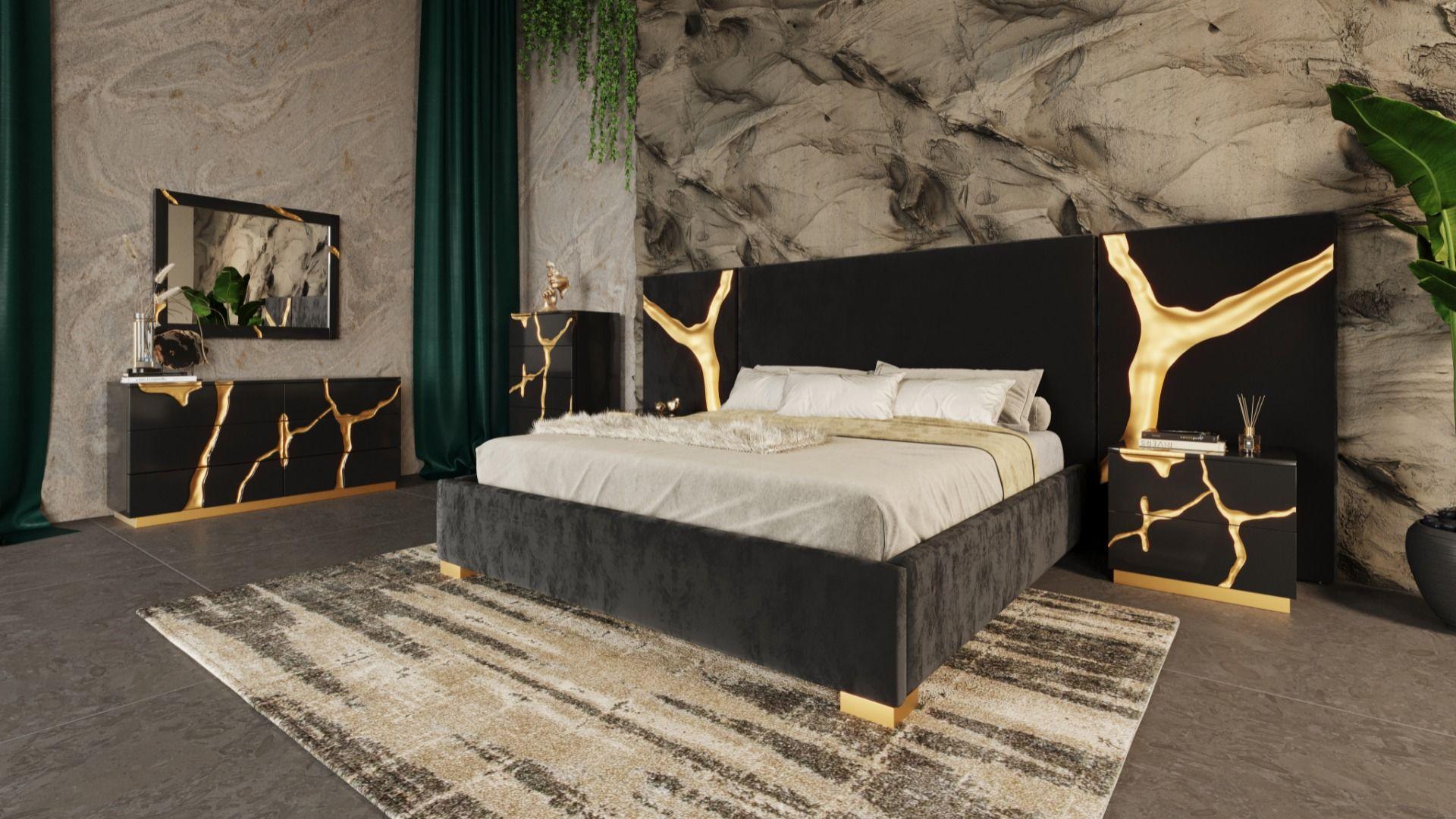 

    
Glam Black Velvet & Gold King Platform Bedroom Set 6Pcs by Modrest Aspen
