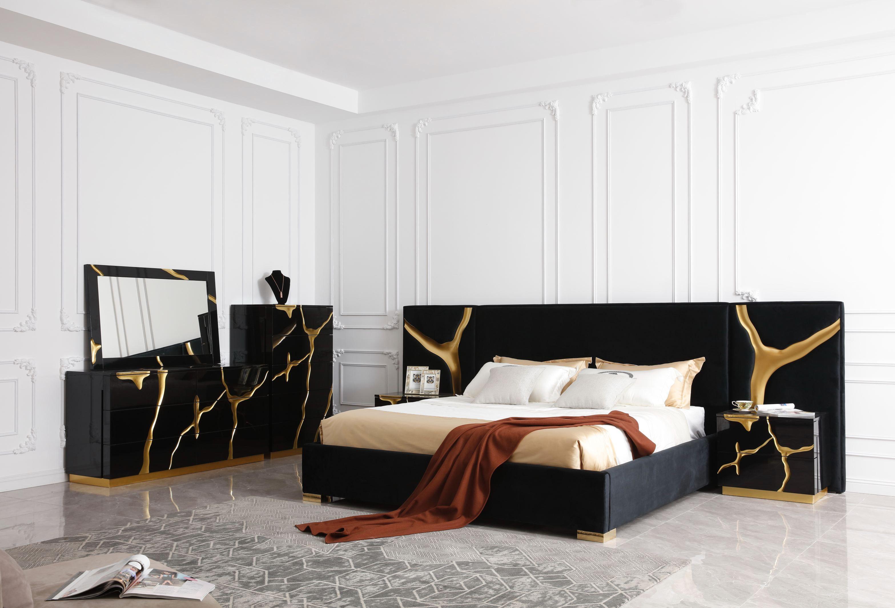 Contemporary, Modern Bedroom Set Aspen VGVCBD1801-BLK-BED-EK-5pcs in Gold, Black Velvet