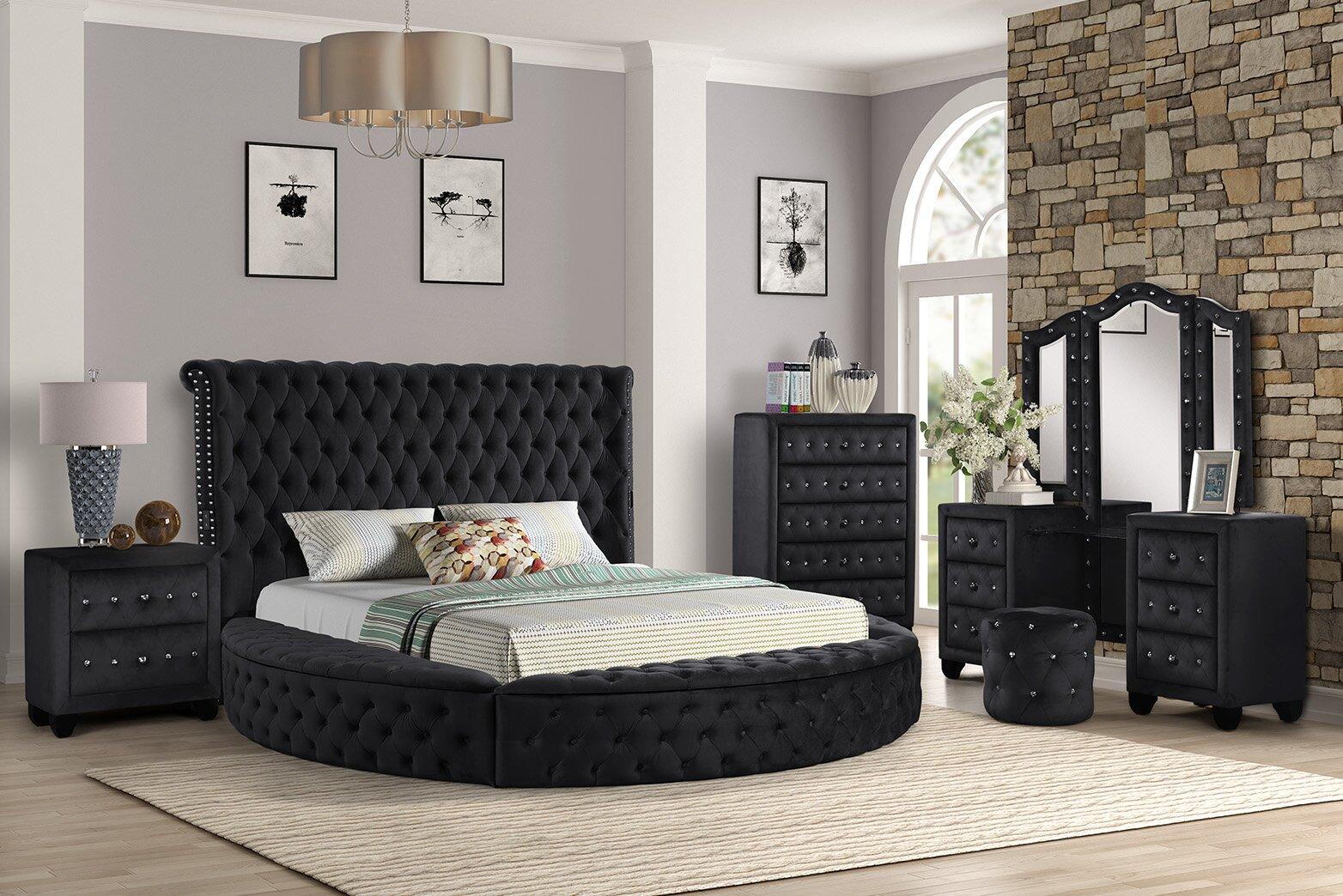 Contemporary, Modern Storage Bedroom Set HAZEL GHF-733569317431-Set-4-VAN in Black Velvet