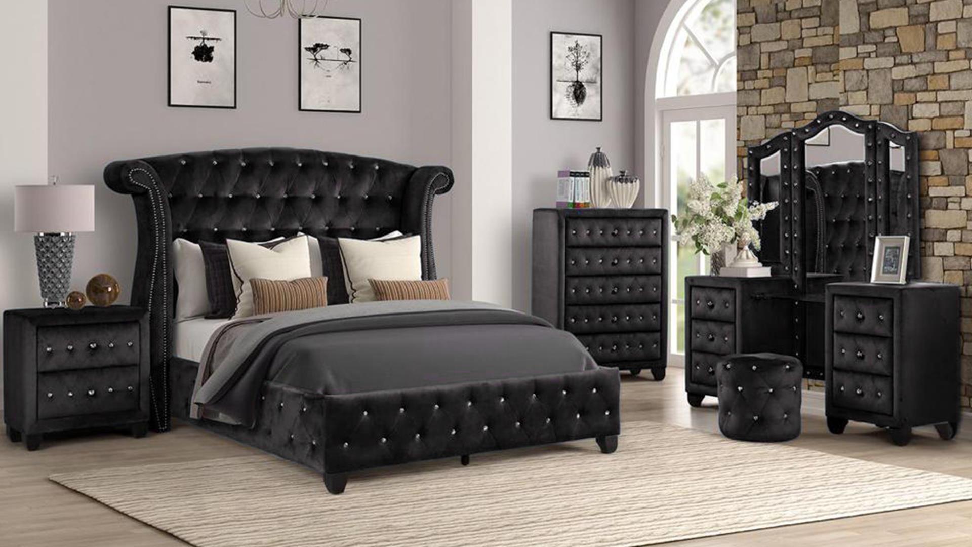 

    
Black Velvet Tufted Full Bed Set 5Pcs w/ VANITY SOPHIA Galaxy Home Modern
