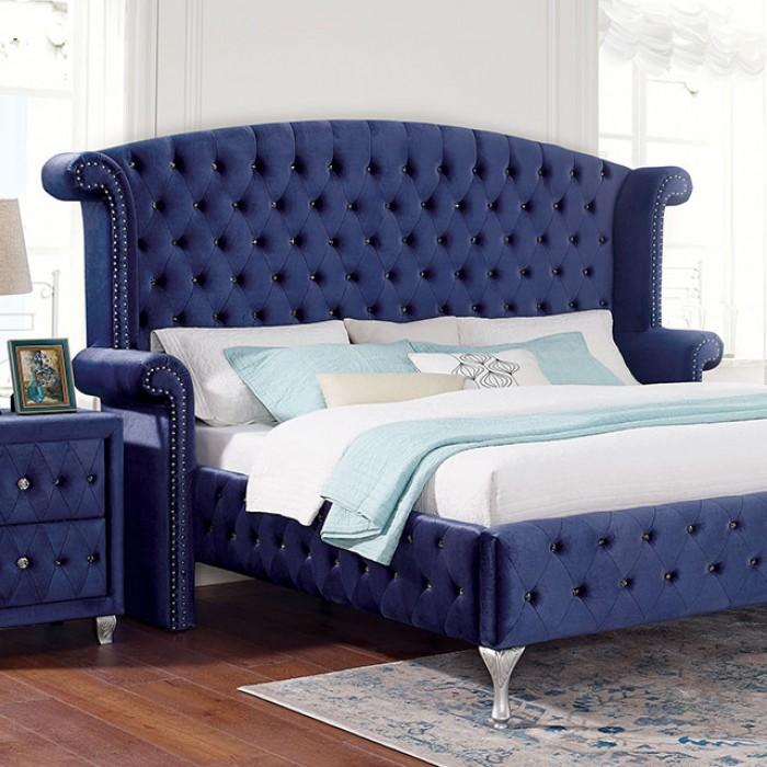 

    
Glam Blue Solid Wood King Platform Bed Furniture of America Alzir CM7150BL-EK
